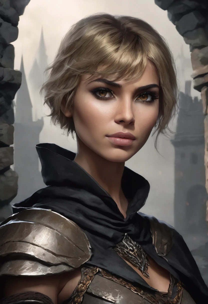 1 woman, she is a witch, inside a dark and gloomy castle made of stones, wearing armor with a black cloth cape around it, detailed facial features, female light brown eyes, detailed tan skin, dark woman, pixie CUT brown blonde hair, dramatic lighting, cinematic composition, dark palette, dark colors, atmospheric fog, thin chin, serious face, serious face, strong and beautiful woman (best quality, 4K, 8K, high resolution, art: 1.2), ultra detailed (realistic, photorealistic, photorealistic: 1.37)