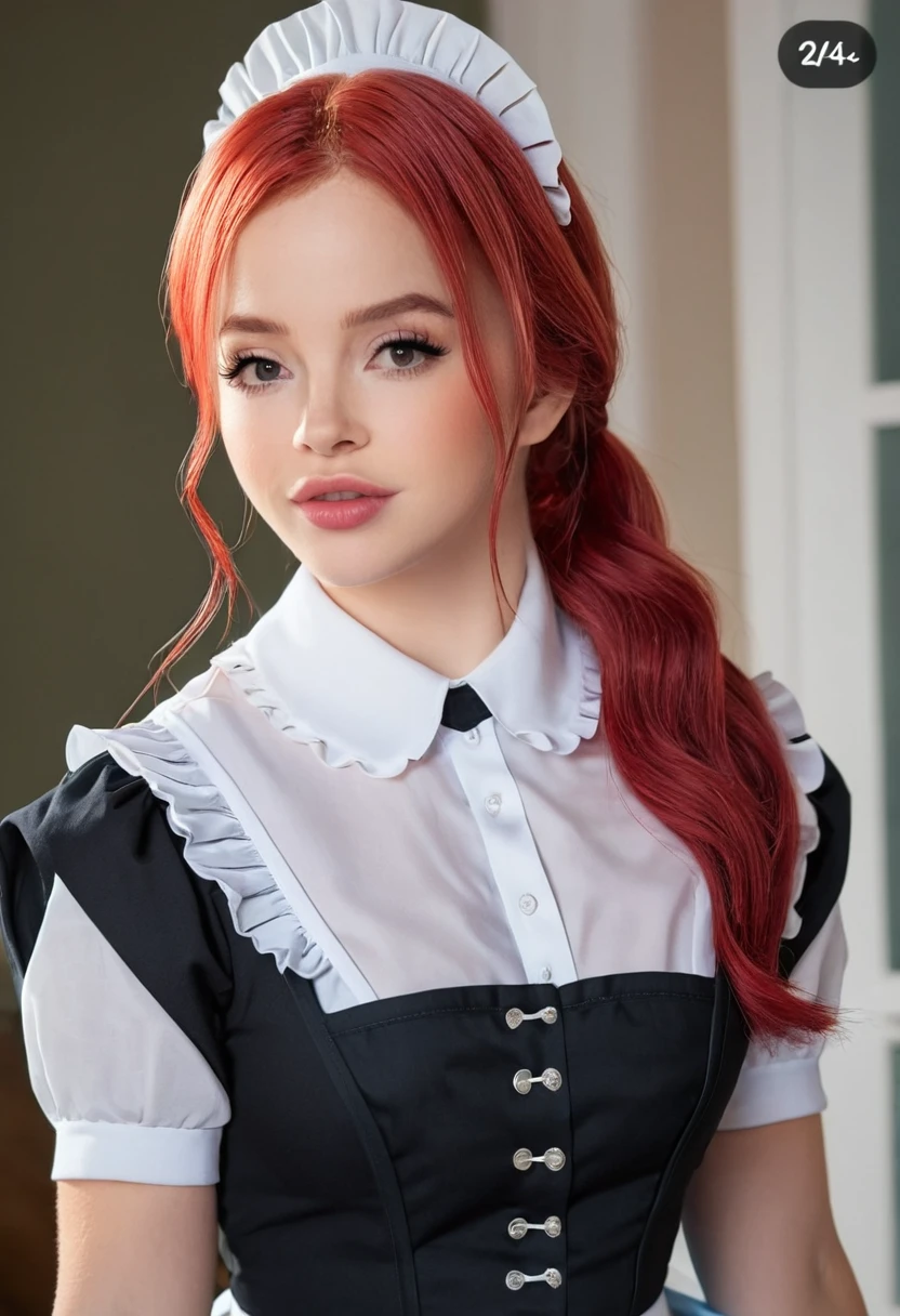 ((high quality:1.2)), (8k), extremely detailed, ((High detail:1.2)), ((best resolution:1.4)), (Elsa Jean), Solo, ((24 years old irish red-haired female:1.45)), ((maid uniform)), 