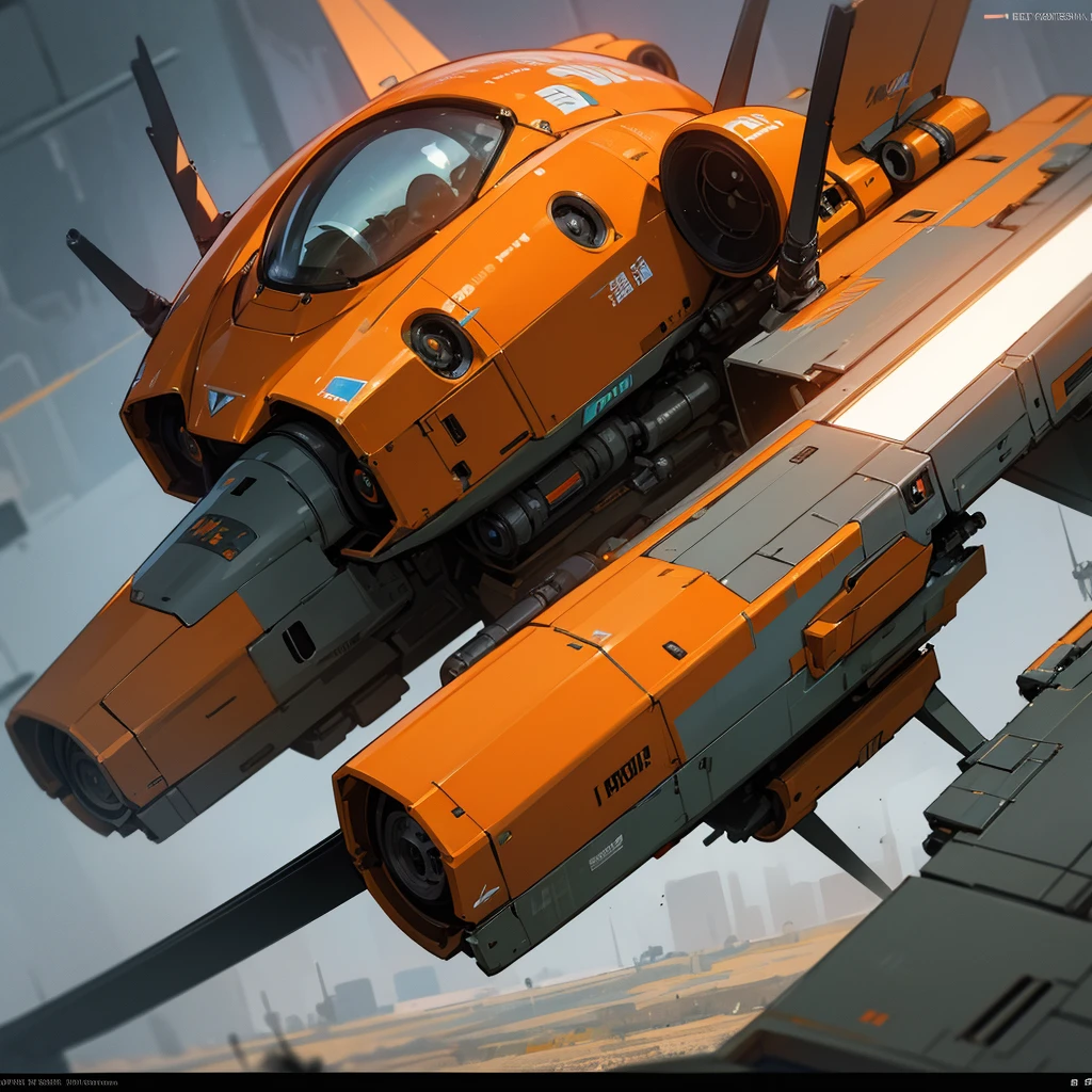 a highly detailed, photorealistic, orange futuristic spacecraft, heavily weathered, in a futuristic sci-fi setting, with wings and weapons, cinematic lighting, 8k, best quality, masterpiece