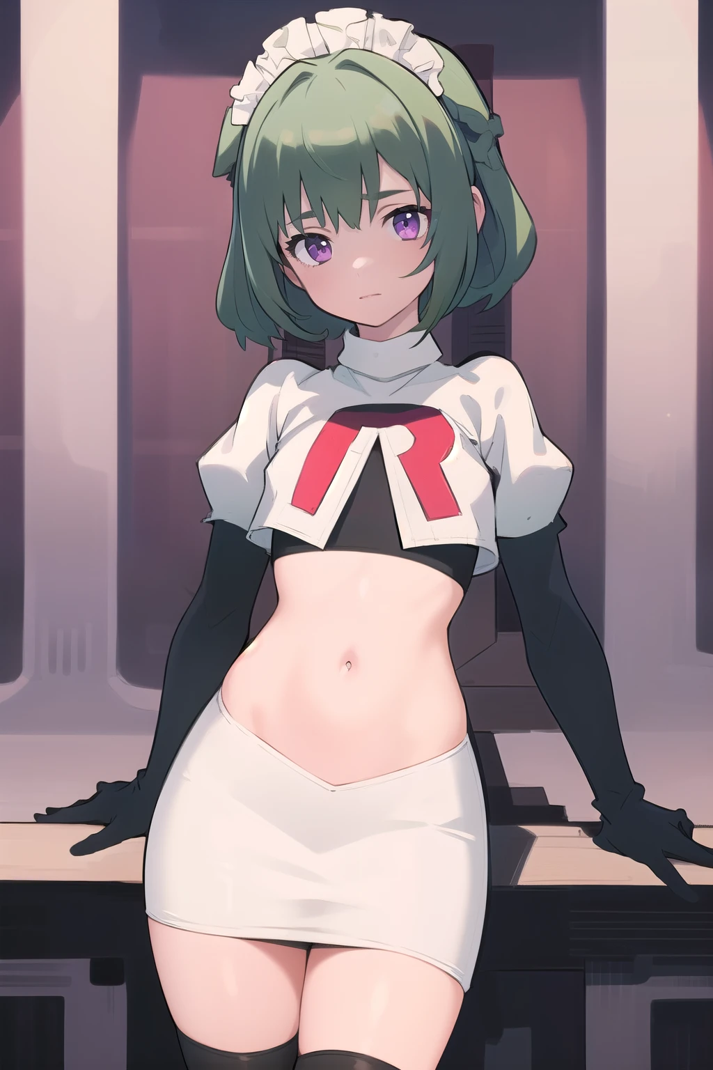 (best quality:1.3),(masterpiece:1.3),(illustration:1.3),(ultra-detailed:1.3),(imid shot:0.9),
1girl,solo,short neck,small breasts,
purple eyes,
twintails, maid headdress,green hair, team rocket,team rocket uniform,white skirt,red letter R,crop top,black thigh-highs,black elbow gloves