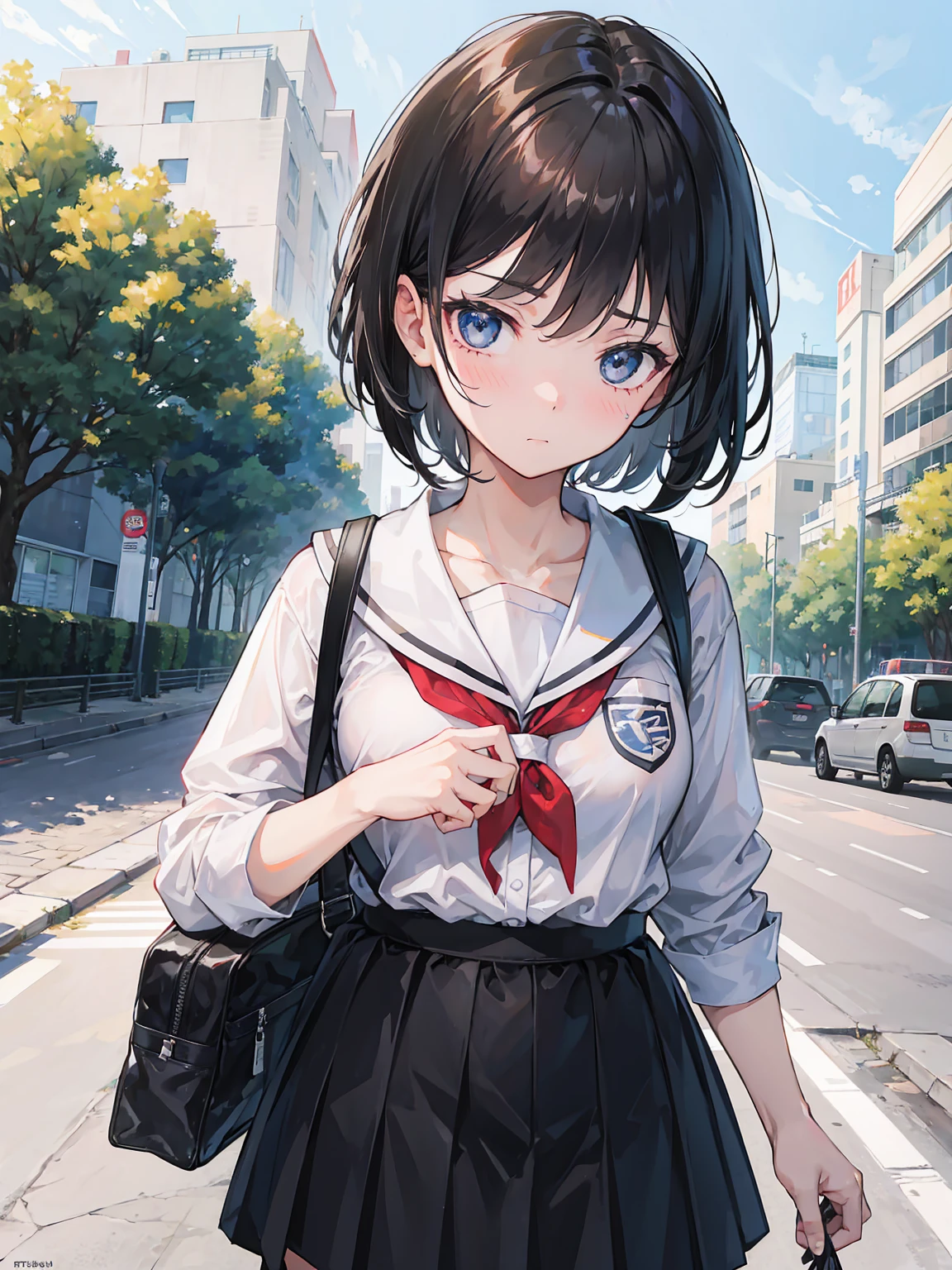 1girl, short black hair, , school, school bag, face embarrassed, ultrasharp, 8k, absurdres, high res, masterpiece, looking at viewer
