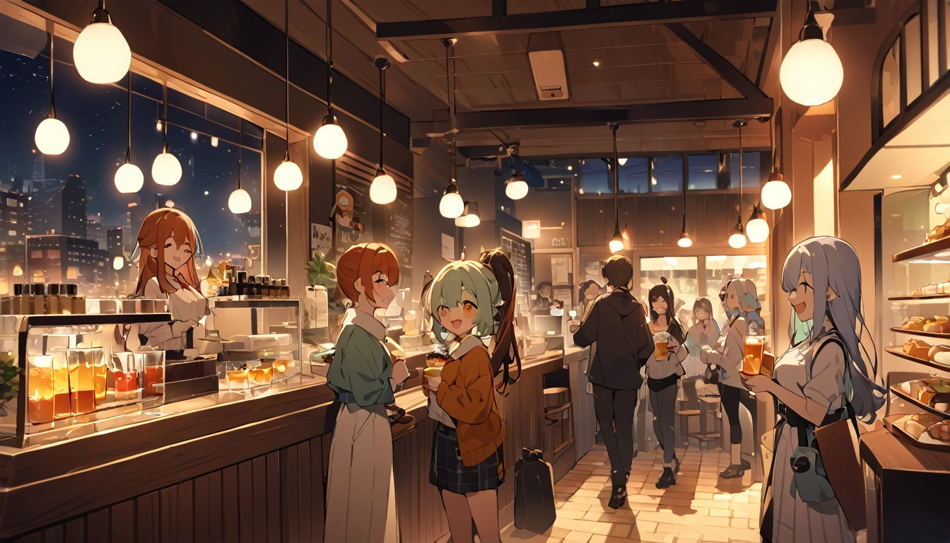 ((woman)), people々, Happy, High resolution, High resolution, 4K,Cafe Night,5peopleの,indoor,Drink,Standing food