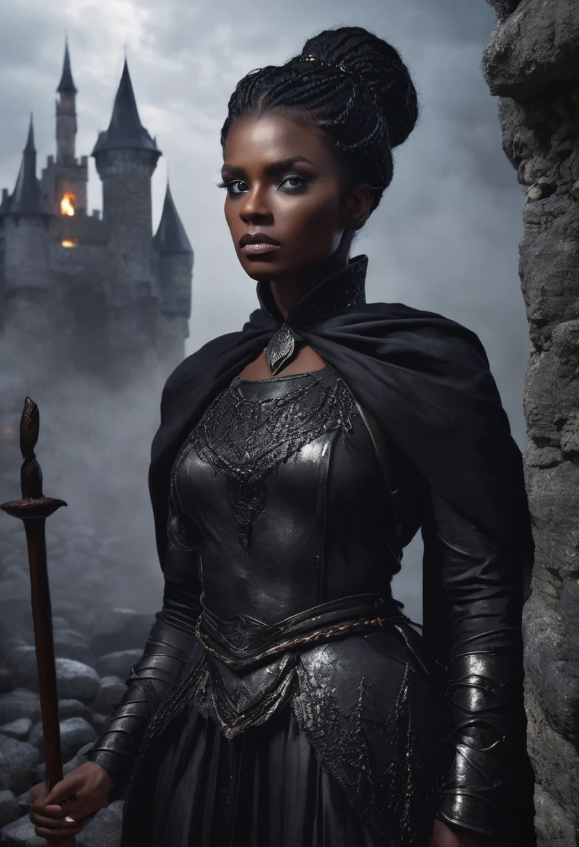 1 woman, she is a witch, inside a dark and gloomy castle made of stones, wearing armor with a black cloth cape around it, detailed facial features, light female eyes, detailed DARK BLACK skin, dark woman, black hair in a bun, dramatic lighting, cinematic composition, dark palette, dark colors, atmospheric fog, thin chin, serious face, serious face, strong and beautiful woman (best quality, 4K, 8K, high resolution, art: 1.2), ultra detailed (realistic, photorealistic, photorealistic: 1.37)