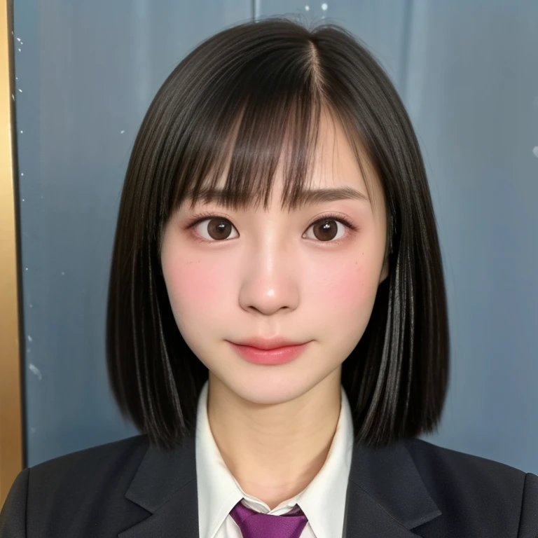 (kawaii 18 year-old Japanese girl, Nogizaka idol, Korean idol, highschool student), healthy female athlete body, (glossy black hair, short hair, pixie cut, bangs:1.3), (rounded face, beautiful black eyes, single eyelid, no makeup, embarrassed expression:1.2), (wearing suit jacket, collared shirt, necktie:1.3), extra small breasts, BREAK, (plain gray background:1.2), (id photo, yearbook photo, facing straight at the camera, bust:1.2), BREAK, (masterpiece, best quality, photo realistic, official art:1.4), (UHD, 8K quality wallpaper, high resolution, raw photo, golden ratio:1.3), (shiny skin), professional lighting, physically based rendering, award winning, (highly detailed skin, extremely detailed face and eyes), Carl Zeiss 85 mm F/1.4, depth of field, 1girl, solo,