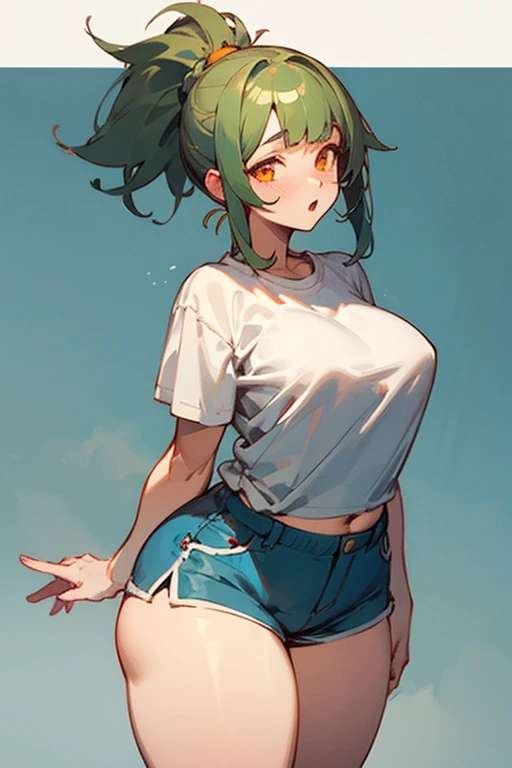 Chubby and voluptuous anime girl with olive green hair, orange eyes, ponytail hairstyle, wearing blue shorts and a white shirt, hentai fucking