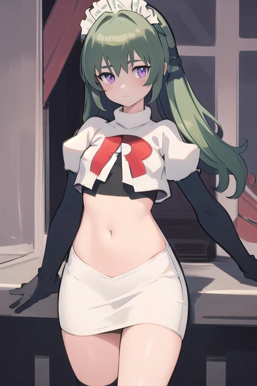 (best quality:1.3),(masterpiece:1.3),(illustration:1.3),(ultra-detailed:1.3),(imid shot:0.9),
1girl,solo,short neck,small breasts,
purple eyes,
twintails, maid headdress,green hair, team rocket,team rocket uniform,white skirt,red letter R,crop top,black thigh-highs,black elbow gloves