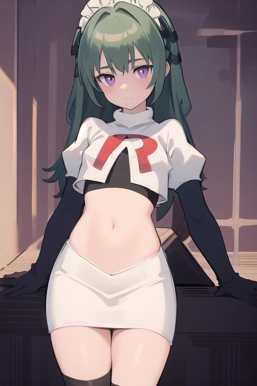 (best quality:1.3),(masterpiece:1.3),(illustration:1.3),(ultra-detailed:1.3),(imid shot:0.9),


1girl,solo,short neck,small breasts,



purple eyes,


twintails, maid headdress,green hair, team rocket,team rocket uniform,white skirt,red letter R,crop top,black thigh-highs,black elbow gloves
