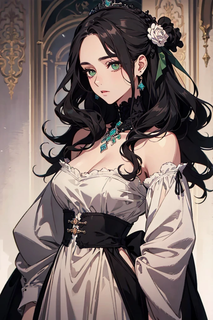 high resolution、masterpiece、Long black hair、Curly Hair、Deep green eyes、Noble daughter、Victorian、Neat and clean dresses、elegant、beautiful girl、Pitiful、One person、The forehead is protruding、Long Hair、Princess Dress
