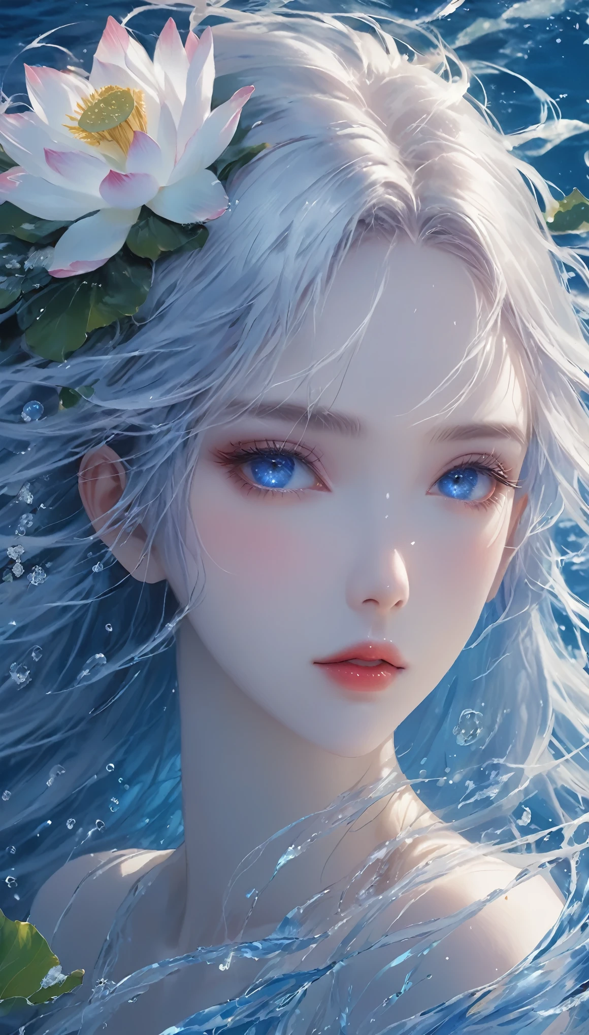 Seven part photos, masterpiece, best quality, Official Art, Extremely detailed CG 8k wallpaper,(Flying petals)(Detailed ice) , water晶质感皮肤, Cold expression, White hair, Long hair, Messy hair, blue eyes, Looking at the audience, Extremely refined, water, ((Beautiful and delicate eyes)), Very detailed, light,((Pretty Face),fine water surface, (Original figure painting), Very detailedSeven part photos, masterpiece, best quality, Official Art, Extremely detailed CG 8k wallpaper,(Flying petals)(Detailed ice) , water晶质感皮肤, Cold expression, White hair, Long hair, Messy hair, blue eyes, Looking at the audience, Extremely refined, water, ((Beautiful and delicate eyes)), Very detailed, light,((Pretty Face),fine water surface, (Original figure painting), Very detailed, Very detailed, (Extremely refined), Beautiful and delicate eyes,