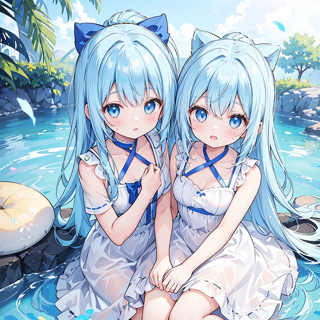 cute、girl、Light blue hair、ponytail、blue eyes、Crisp eyes、White dress