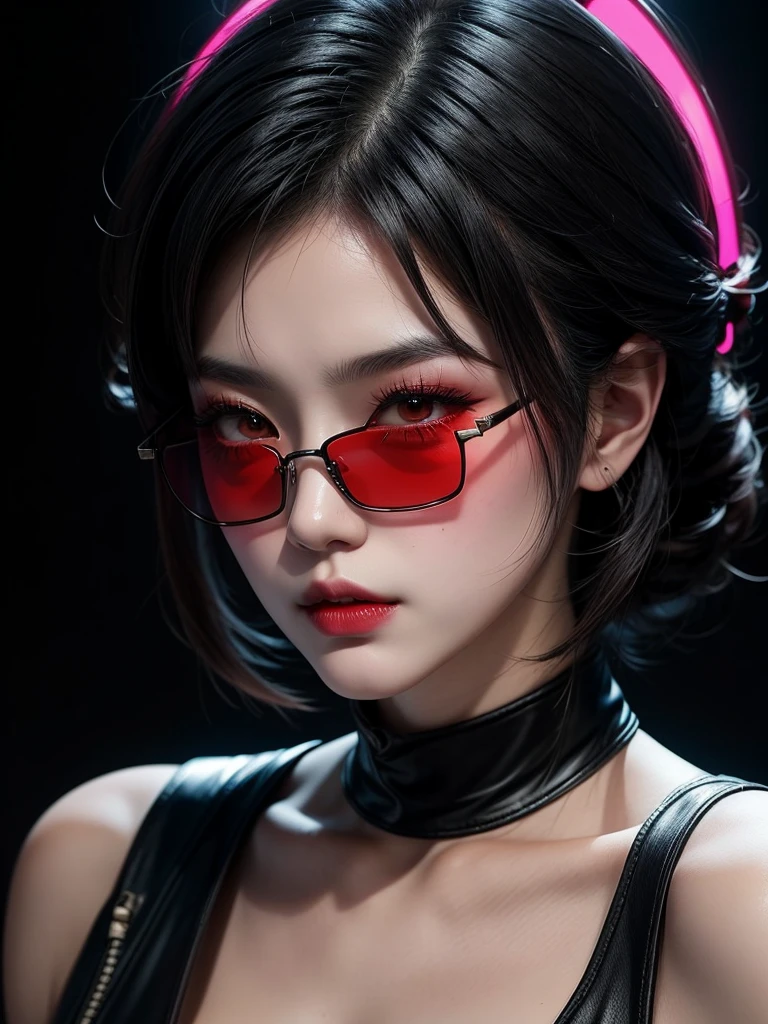 score_9, score_8_up, score_7_up, 1girl, solo, long eyelashes, ada wong, black hair, sunglasses, asian female,g0thicPXL,sinozick style,flat color, dark theme, glowing, neon