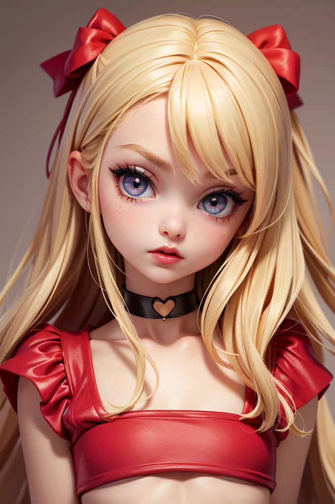 hyperrealistic 14 year old american teen, blonde, little, perfect tiny body, sexy, dark makeup, small choker, perfect slim face, big red lips, very cute face, tiny body, big eyes, young looking, childish looking, home comfy clothes