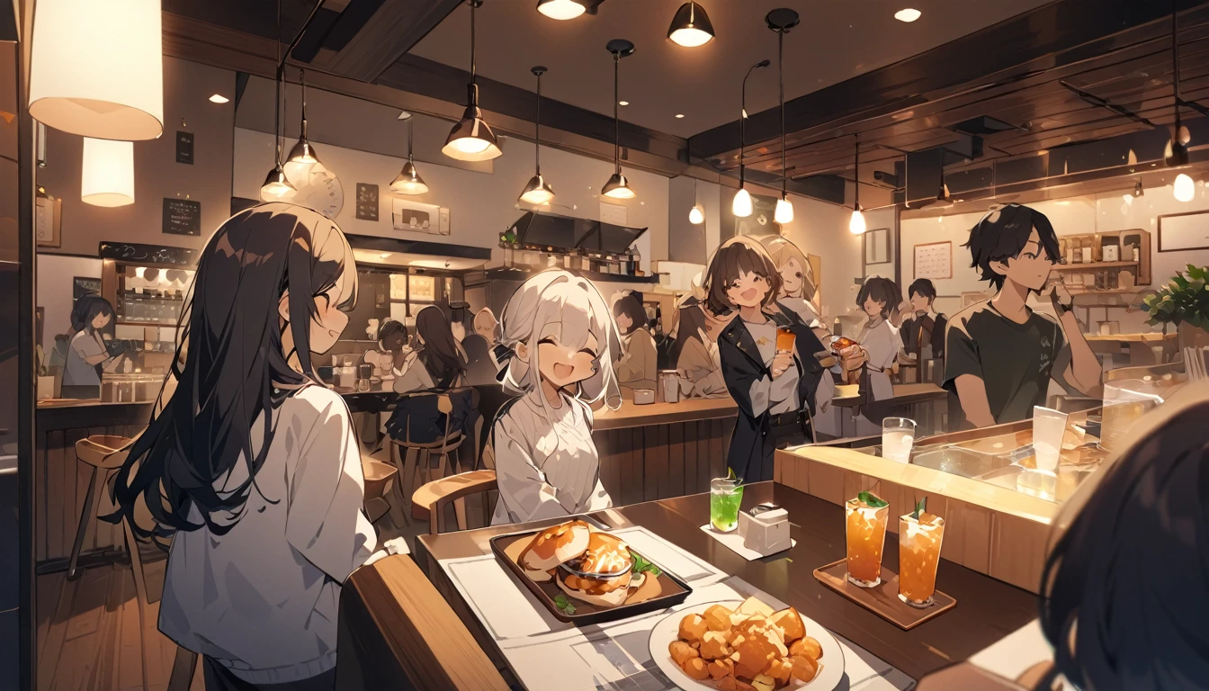 ((woman)), people々, Happy, High resolution, High resolution, 4K,Cafe Night,5peopleの,indoor,Drink,Standing food