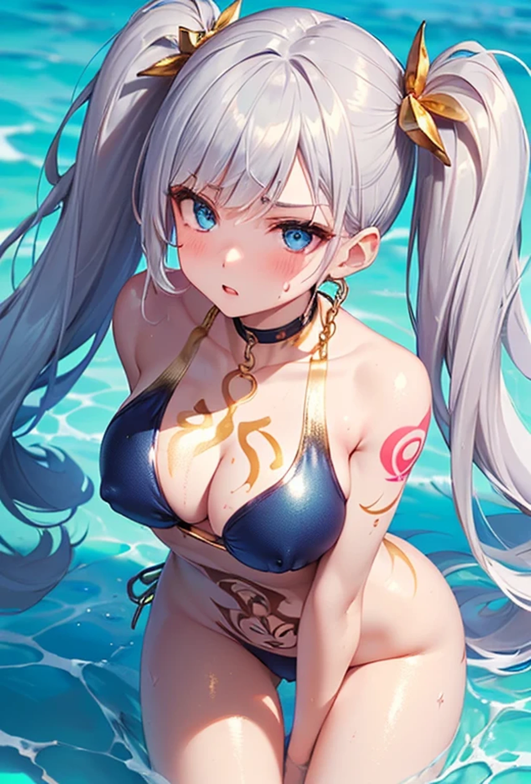 (Super detailed、Ultra-high resolution、8K masterpiece、Vibrant colors)、((Flat Color))、((Floating water))、summer、coastal、 Sandy Beach、A woman in a sexy swimsuit、(Top view)、(Gold chain body accessories)、Randomly open your legs、Random Sexy Poses、Sweaty、 ((body paint、Pop tattoo on thigh))、Big Breasts、 (Tight swimsuit、choker)、cameltoe、Beautiful hip line、Butt、nude、 (Twin tails、Vermilion, blue, silver, golden hair、hair ornaments)、Beautiful blue eyes、Beautiful red lip、(Reluctant、Bad mood)、 TWICE's Tzuyu' on pause