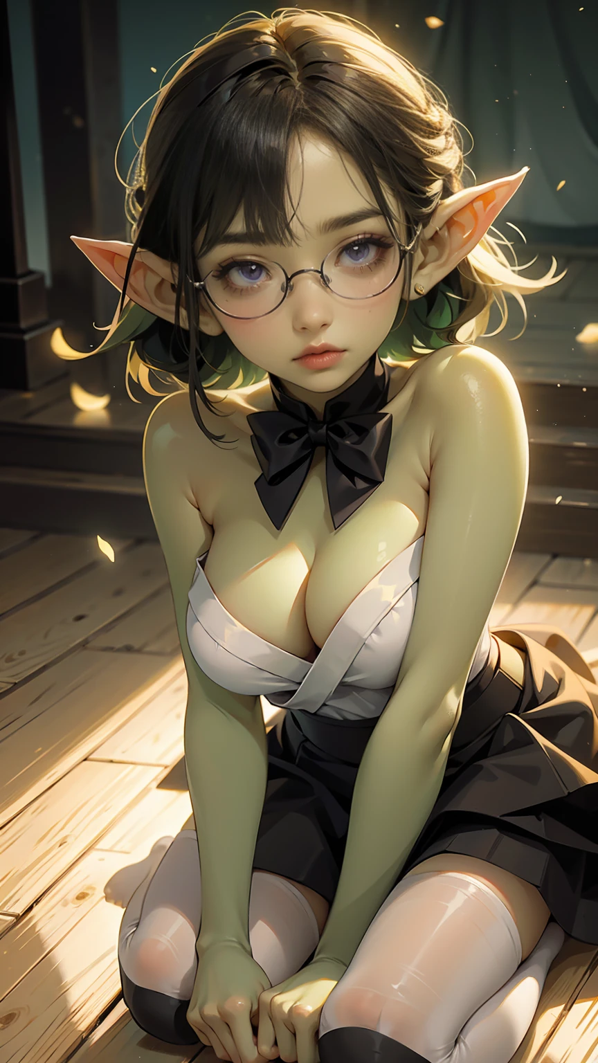 ((best quality)), ((masterpiece)), (detailed), perfect face, ((green skin)), pointy ears, very shy, tiny breasts, wearing black rimmed glasses, short dark hair, wearing white blouse and black skirt and black pantyhose and back pumps, bowing at the waist in gratitude, deep bow, dynamic pose, cinematic still, romantic lighting, facing camera, bowing at viewer, bowing at waist, bend over at waist, ((bowing to camera)), japanese bow