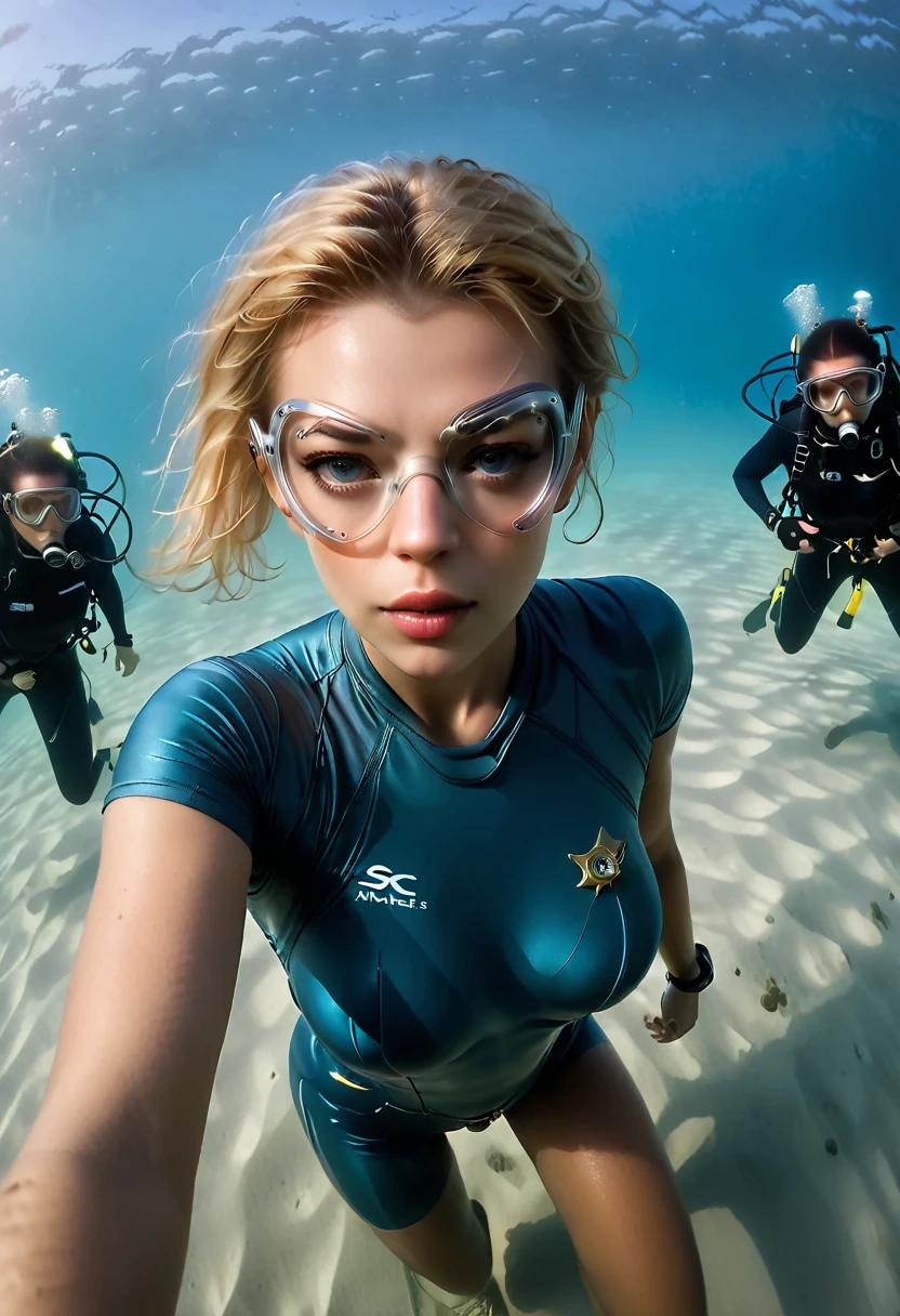 Seven of Nine ((full body shot))During the diving course,There is a lady wearing a diving suit and goggles,Wear a diving helmet, Instagram, A diver on the seabed, A diver on the seabed, old scuba, GoPro shooting, Abandoned diving mask, Underwater perspective, 3 6 0 capture, amanda clarke, Underwater shooting,
