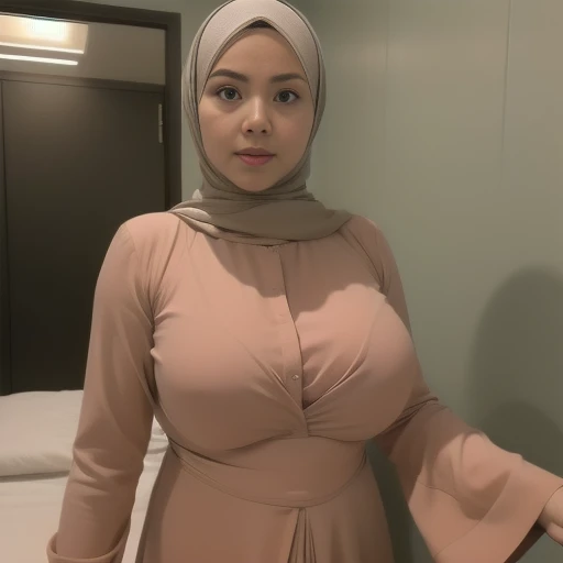 500 years old, Hijab Indonesian adult woman, Size: 99.10, Gamis, Big breasts about to burst, in the doctor's morgue, Dark light, Night