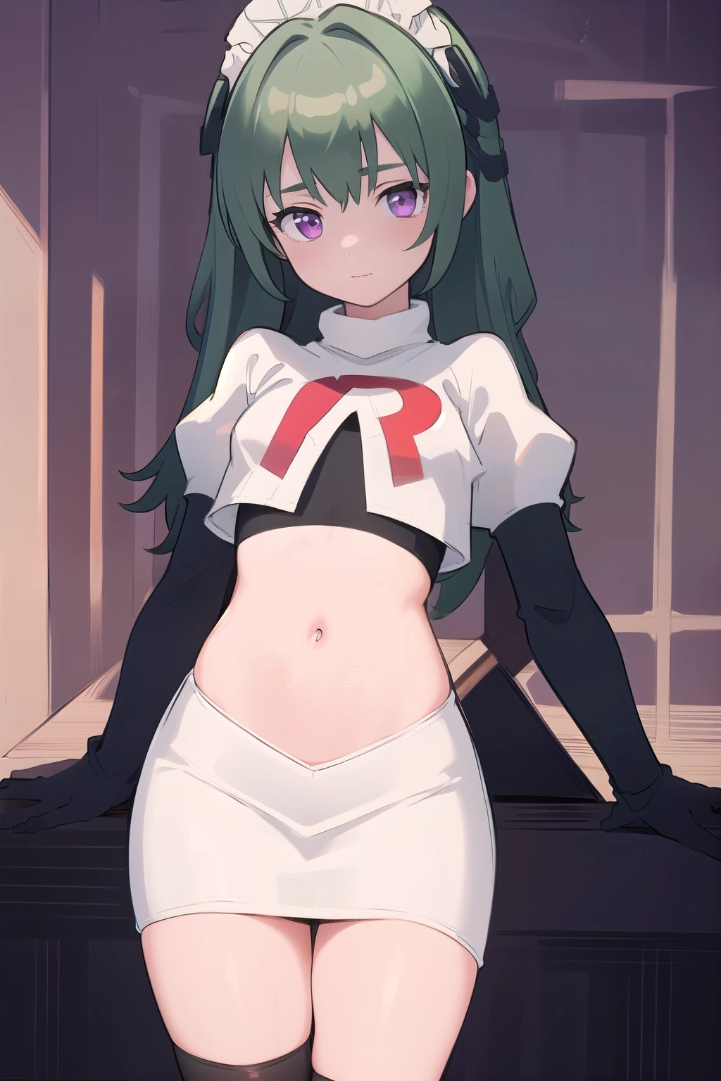 (best quality:1.3),(masterpiece:1.3),(illustration:1.3),(ultra-detailed:1.3),(imid shot:0.9),


1girl,solo,short neck,small breasts,



purple eyes,


twintails, maid headdress,green hair, team rocket,team rocket uniform,white skirt,red letter R,crop top,black thigh-highs,black elbow gloves