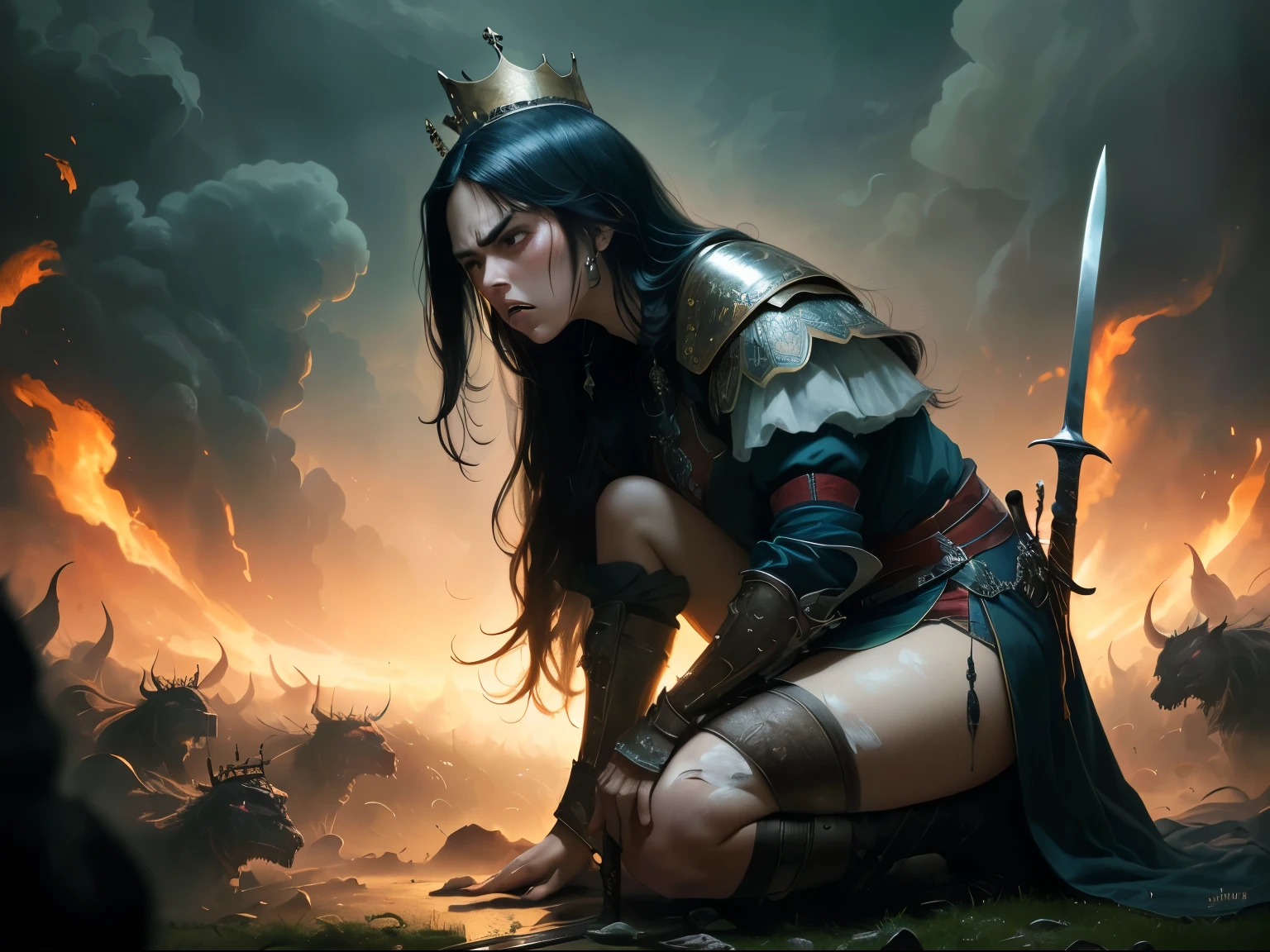 ((best quality)), ((masterpiece)), (detailed), A digital illustration of a queen warrior surrounded by dead monsters, holding a sword and wearing traditional warrior outfit. She has long black hair and is on her knees, looking furious and injured. The background is dark and stormy.