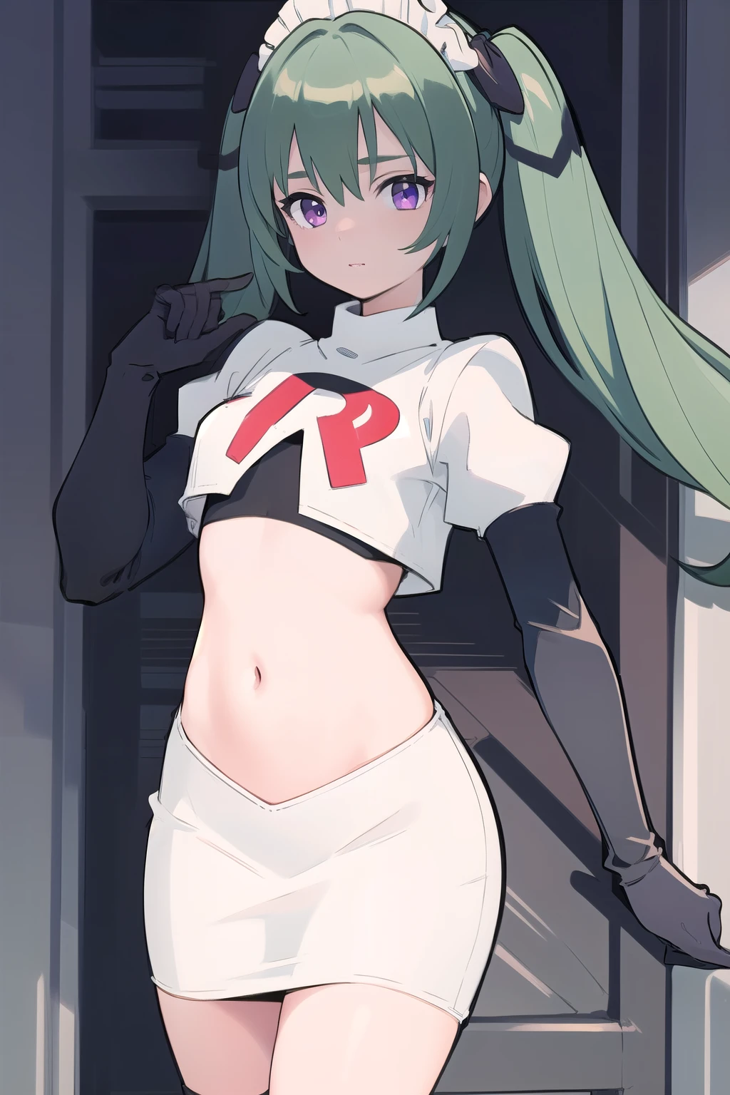 (best quality:1.3),(masterpiece:1.3),(illustration:1.3),(ultra-detailed:1.3),(imid shot:0.9),


1girl,solo,short neck,small breasts,



purple eyes,


twintails, maid headdress,green hair, team rocket,team rocket uniform,white skirt,red letter R,crop top,black thigh-highs,black elbow gloves