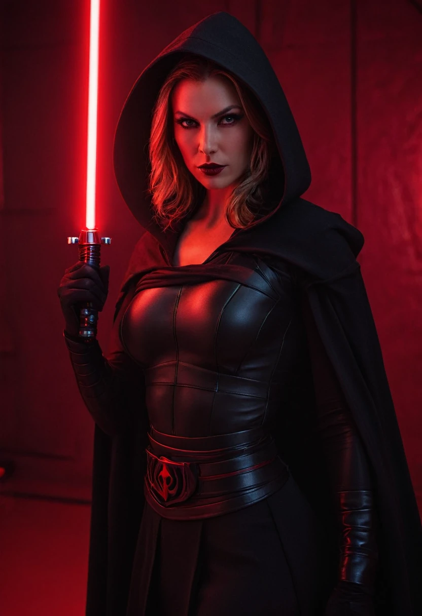 professional photograph of a 31 year old model, by Peter Hegre, photography studio,__perspective__, beautiful evil slavic muscular woman, pale skin, long hair, Sith Lord, cute face, red skin, fit body, holding one red light saber in her hand, wearing a black crop top with a hood:1.4, black skirt, darth talon:0.7, at the starship, cozy, Star Wars, j j abrams, photorealistic, sharp focus, depth of field, vogue magazine, fashion photo, cinematic lighting, rim light, cozy:1.2, neon