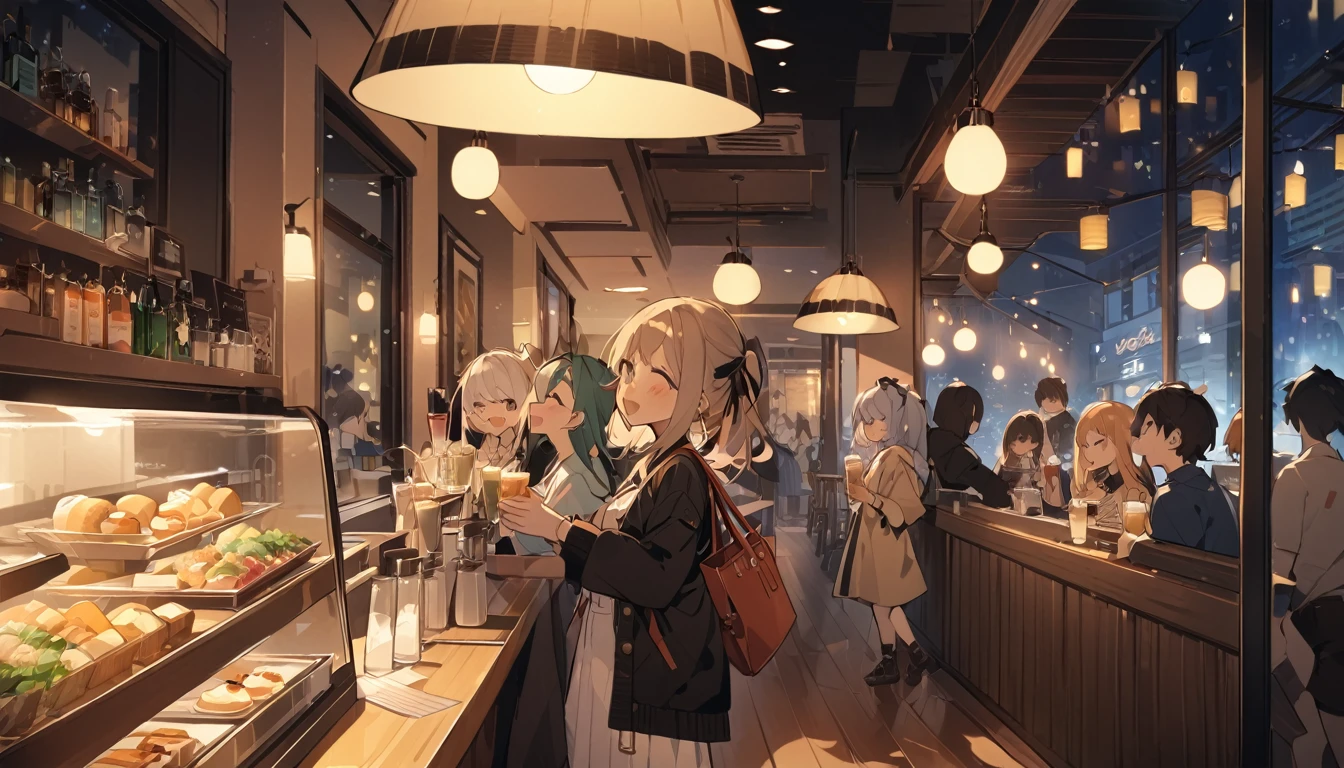 ((woman)), people々, Happy, High resolution, High resolution, 4K,Cafe Night,5peopleの,indoor,Drink,Standing food