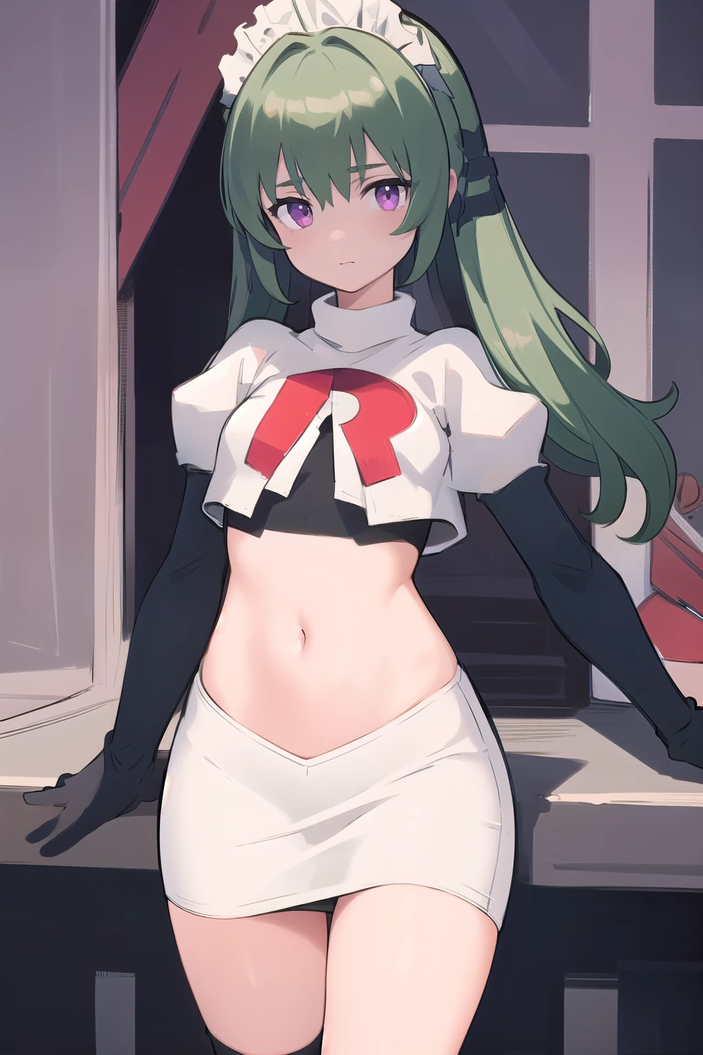 (best quality:1.3),(masterpiece:1.3),(illustration:1.3),(ultra-detailed:1.3),(imid shot:0.9),


1girl,solo,short neck,small breasts,



purple eyes,


twintails, maid headdress,green hair, team rocket,team rocket uniform,white skirt,red letter R,crop top,black thigh-highs,black elbow gloves