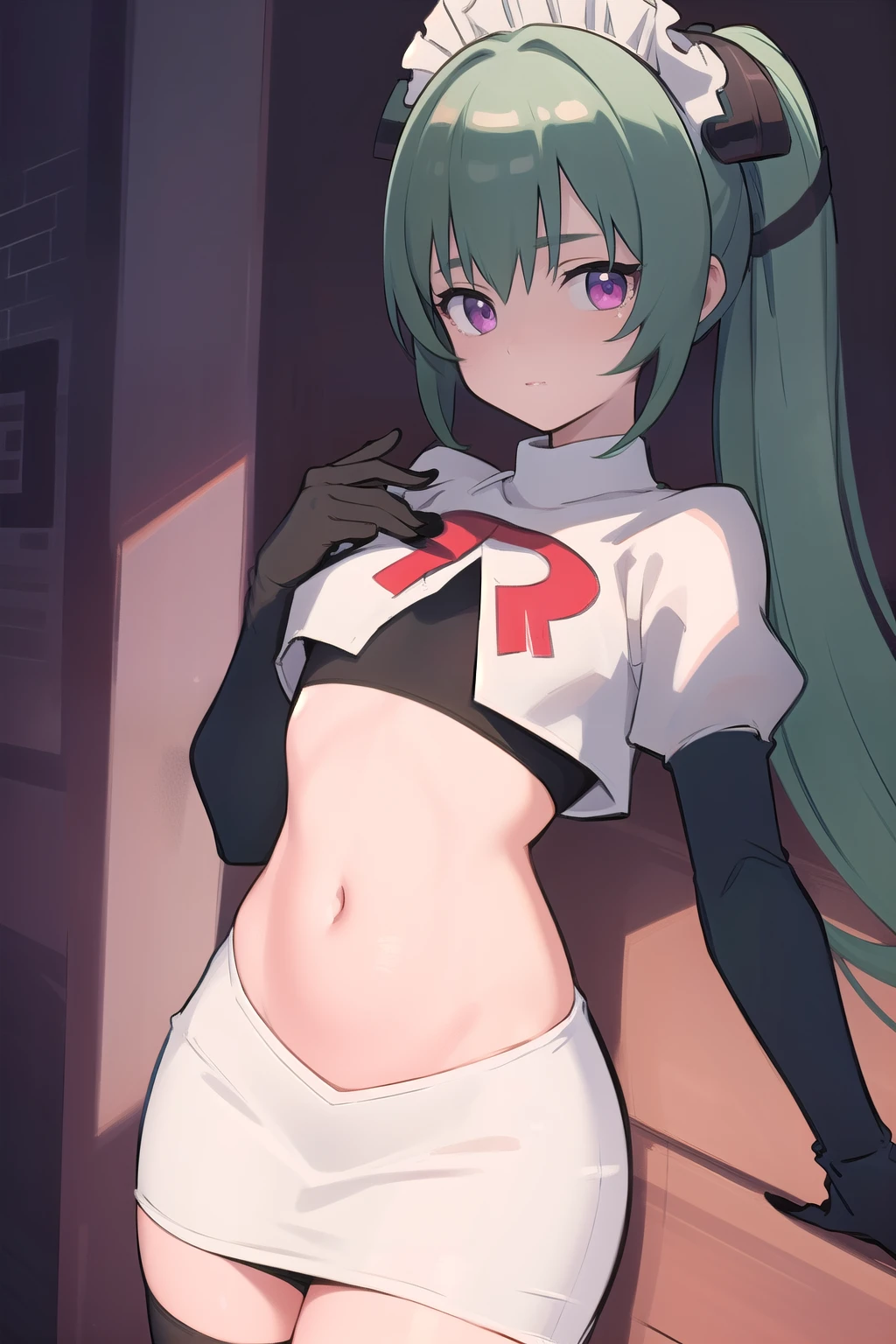 (best quality:1.3),(masterpiece:1.3),(illustration:1.3),(ultra-detailed:1.3),(imid shot:0.9),


1girl,solo,short neck,small breasts,



purple eyes,


twintails, maid headdress,green hair, team rocket,team rocket uniform,white skirt,red letter R,crop top,black thigh-highs,black elbow gloves