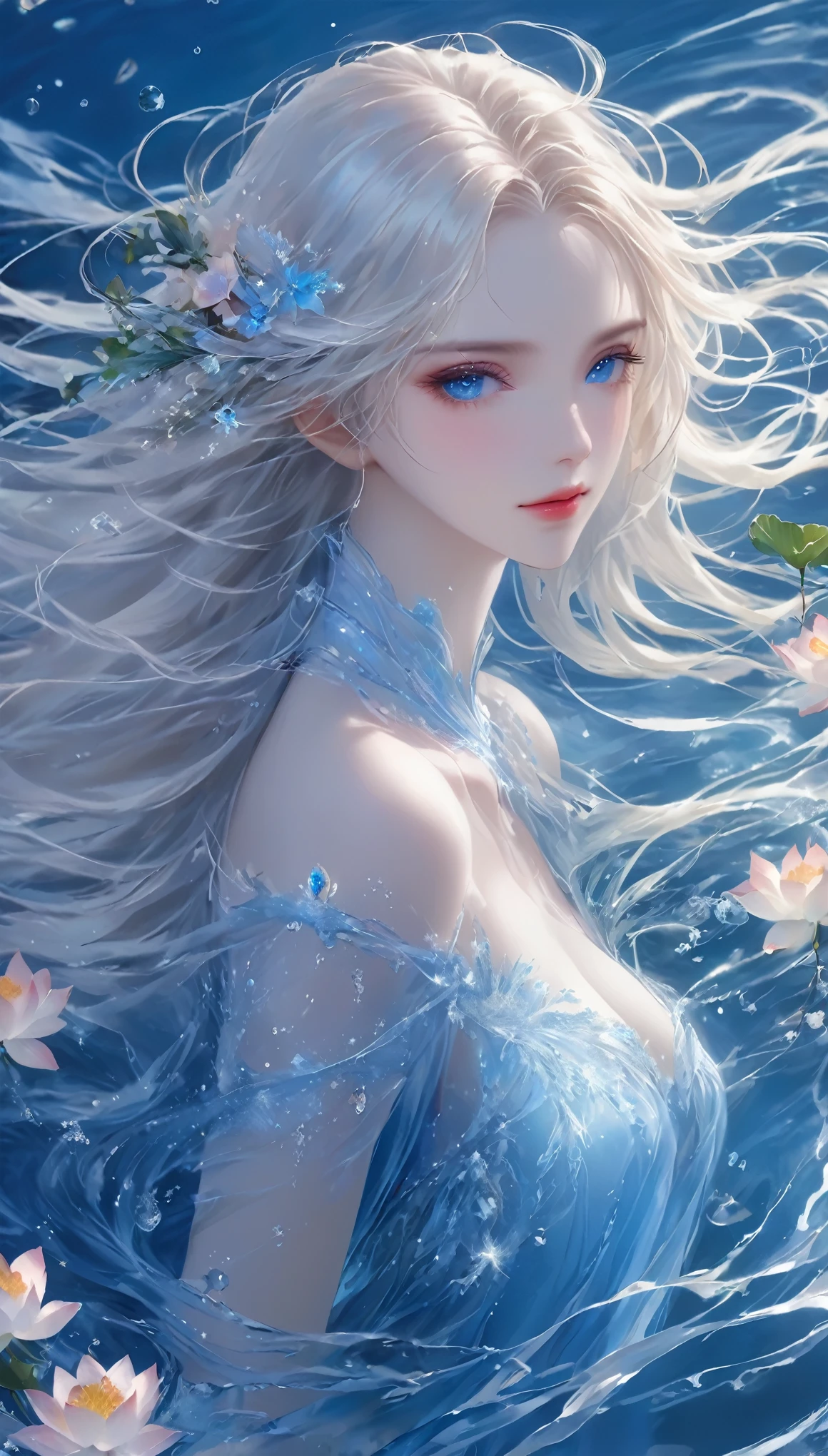 Seven part photos, masterpiece, best quality, Official Art, Extremely detailed CG 8k wallpaper,(Flying petals)(Detailed ice) , water晶质感皮肤, Cold expression, White hair, Long hair, Messy hair, blue eyes, Looking at the audience, Extremely refined, water, ((Beautiful and delicate eyes)), Very detailed, light,((Pretty Face),fine water surface, (Original figure painting), Very detailedSeven part photos, masterpiece, best quality, Official Art, Extremely detailed CG 8k wallpaper,(Flying petals)(Detailed ice) , water晶质感皮肤, Cold expression, White hair, Long hair, Messy hair, blue eyes, Looking at the audience, Extremely refined, water, ((Beautiful and delicate eyes)), Very detailed, light,((Pretty Face),fine water surface, (Original figure painting), Very detailed, Very detailed, (Extremely refined), Beautiful and delicate eyes,