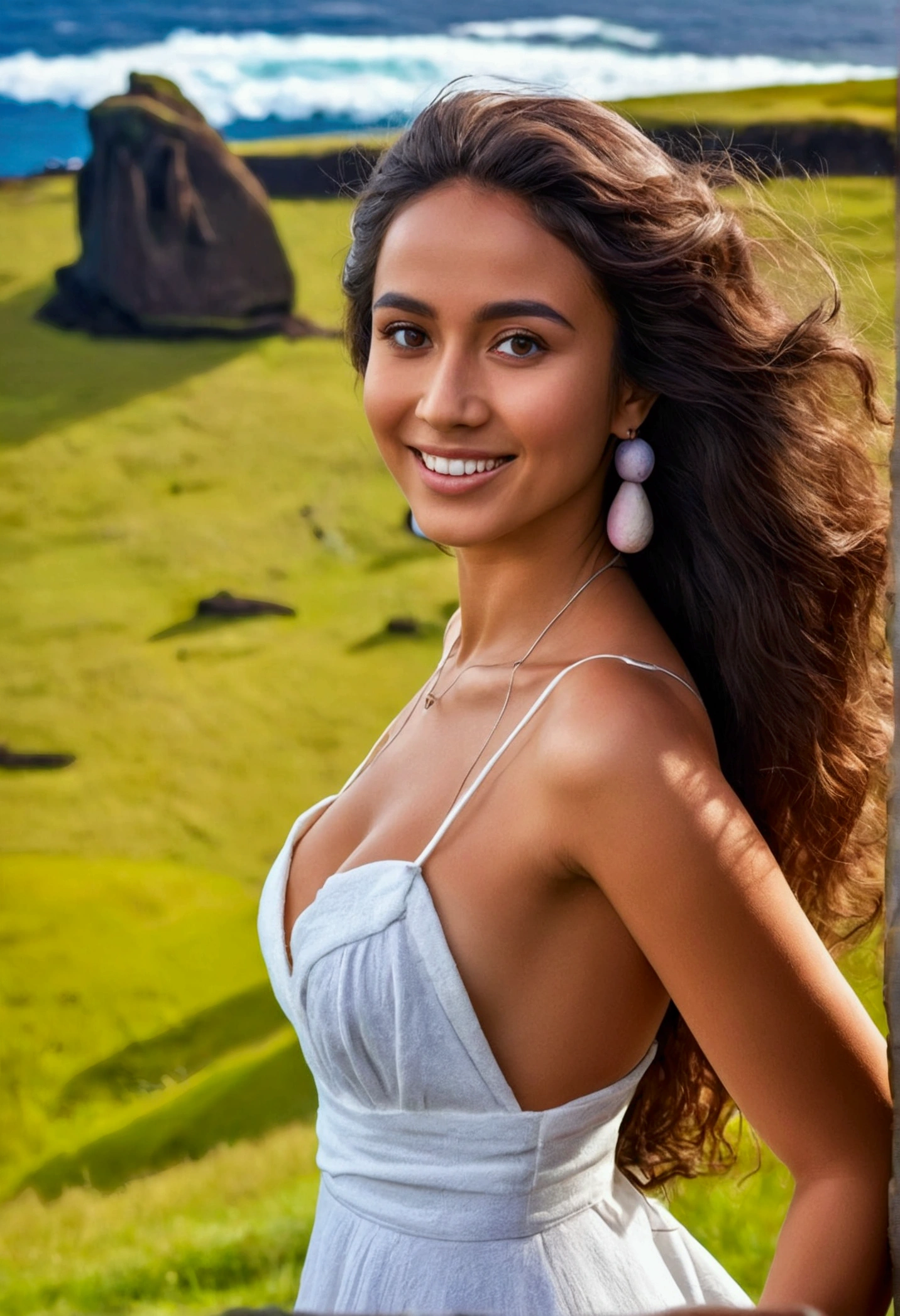 Une tres jolie brésilienne de 27 ans, photo vue du haut de profil ( easter island) , Haute qualité, 4k, 8k, 16k, HDR, Qualité extrême, , Robe été , souriante, arriere plan réaliste, cheveux lisse, femme sexy, charme, eclairage naturel, corps entier , regard au loin sensuel