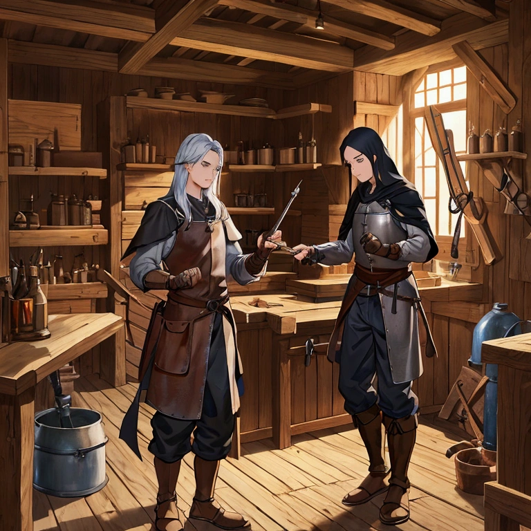 Blacksmith in Medieval Europe,carpenter,There is a forge nearby。Medium shot composition,Game concept art style,Anime illustration style,Marker Style