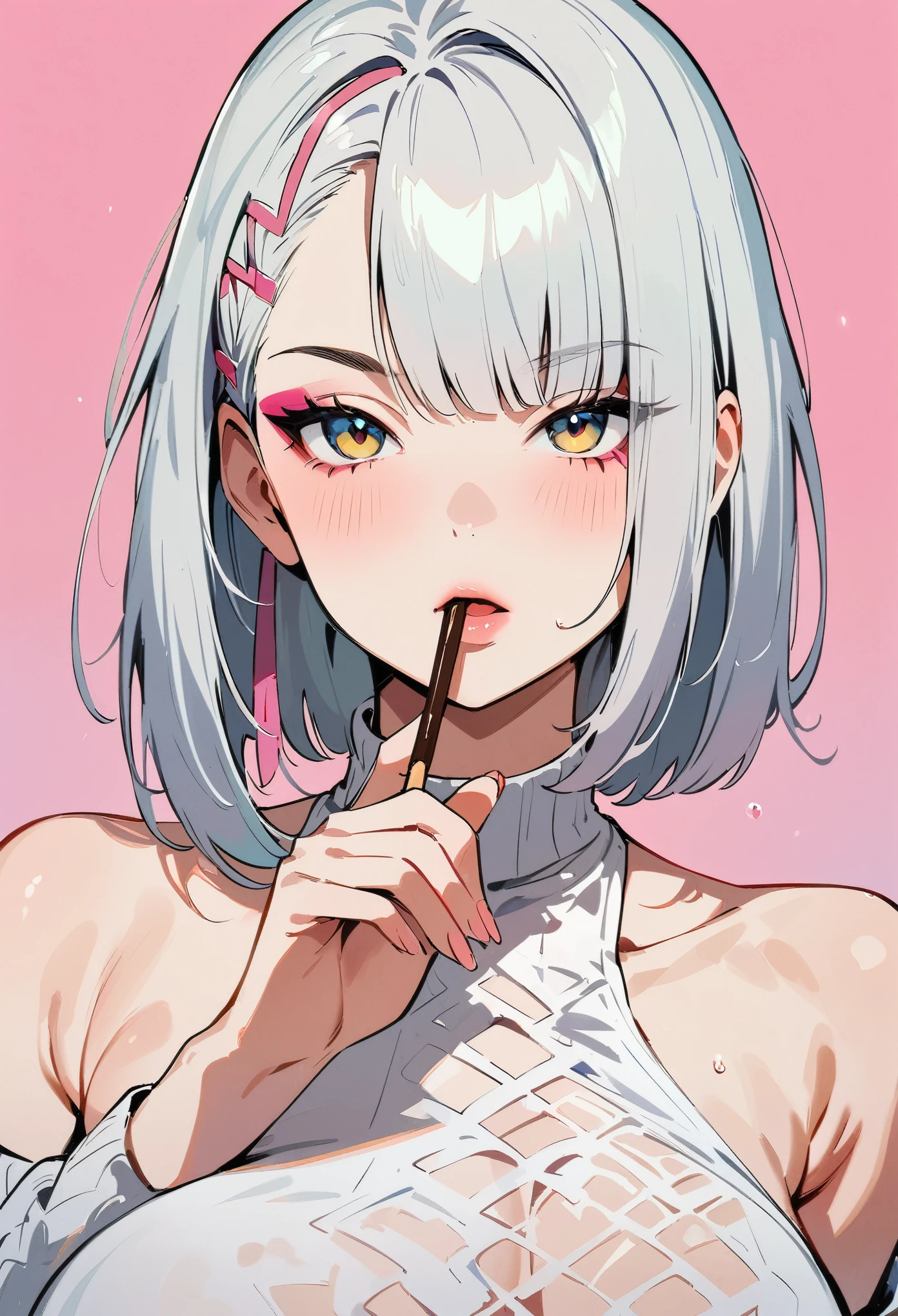 (masterpiece, best quality:1.4), 1 girl, 独奏, Anime style, Gray pupil, Blurred eyes, Holding pocky, Pink lower lip, Cyberpunk style makeup, Short silver asymmetrical hair, Asymmetrical short hairstyle, Long bangs on one side, Color highlights, Huge breasts, Black openwork sweater, Pink background.