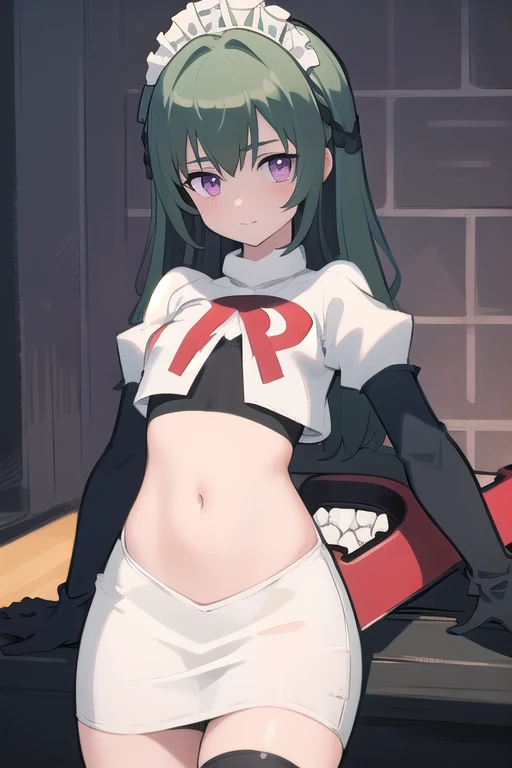 (best quality:1.3),(masterpiece:1.3),(illustration:1.3),(ultra-detailed:1.3),(imid shot:0.9),


1girl,solo,short neck,small breasts,



purple eyes,


twintails, maid headdress,green hair, team rocket,team rocket uniform,white skirt,red letter R,crop top,black thigh-highs,black elbow gloves