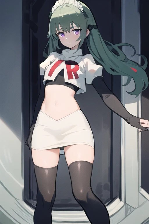 (best quality:1.3),(masterpiece:1.3),(illustration:1.3),(ultra-detailed:1.3),(imid shot:0.9),


1girl,solo,short neck,small breasts,



purple eyes,


twintails, maid headdress,green hair, team rocket,team rocket uniform,white skirt,red letter R,crop top,black thigh-highs,black elbow gloves