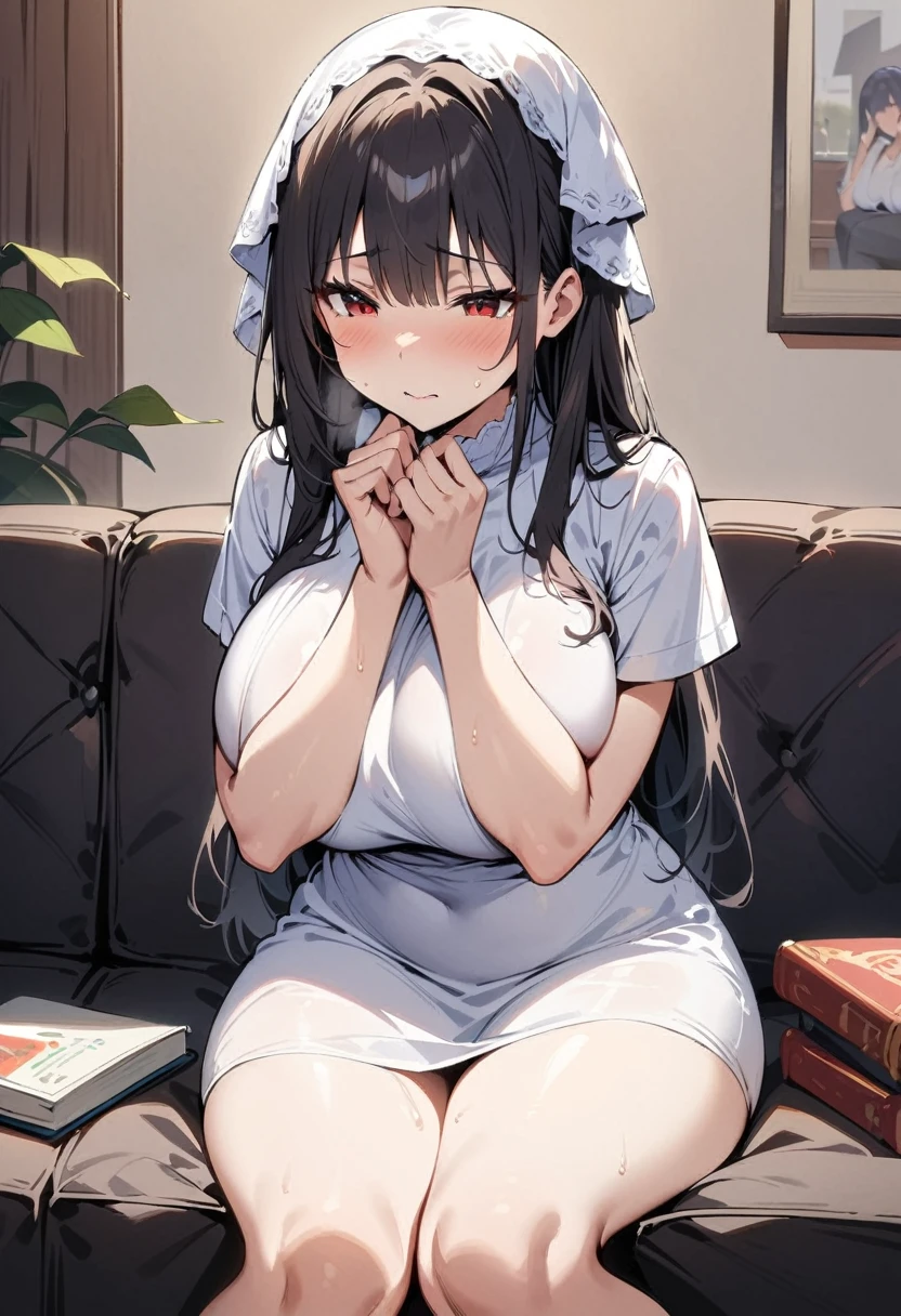 ((Best Quality)), ((masterpiece)), (detailed), 1 girl, black hair, long, Hair covers half of the face, Red eyes, big breasts, big thighs, shy expression, blushing, gray skin, White dress, at home, sitting on the couch, with pain, covering his face with a book