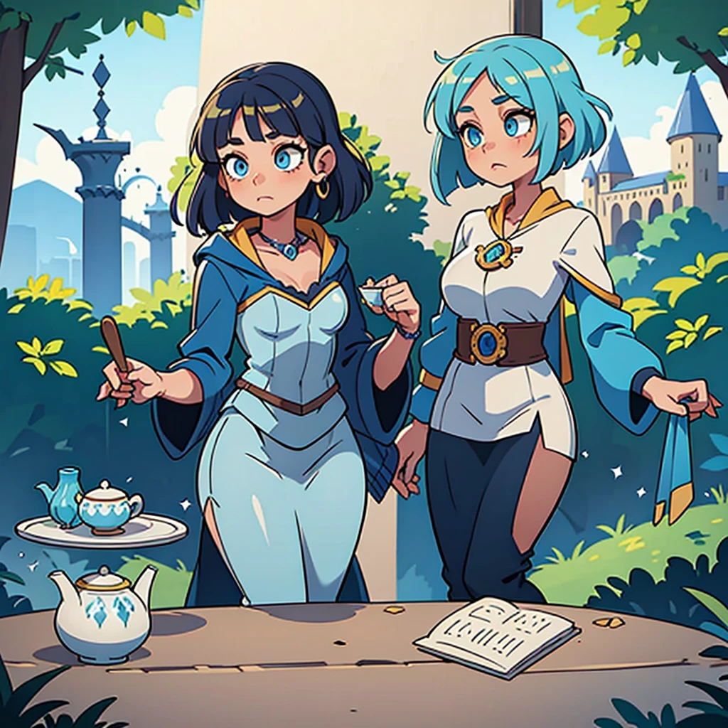 ((best quality, masterpiece)), Young woman, blue hair, beautiful eyes sorceress, magic, Hogwarts, tea, magic