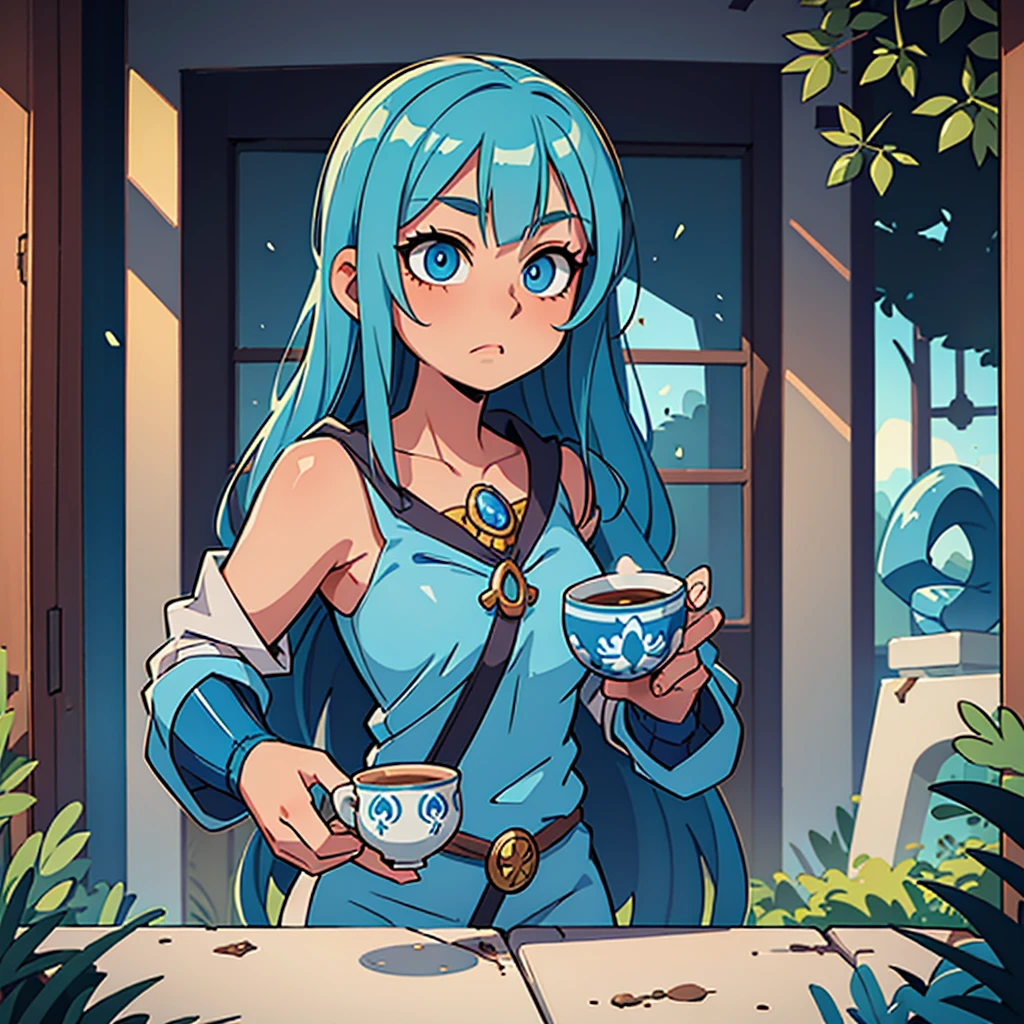 ((best quality, masterpiece)), Young woman, blue hair, beautiful eyes sorceress, magic, Hogwarts, tea, magic
