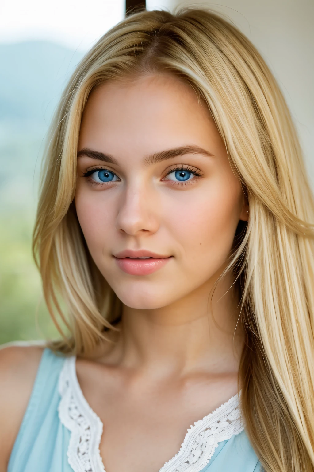 - A young américan woman with a blonde hair, aged 19, with striking very light blue eyes .realistic,