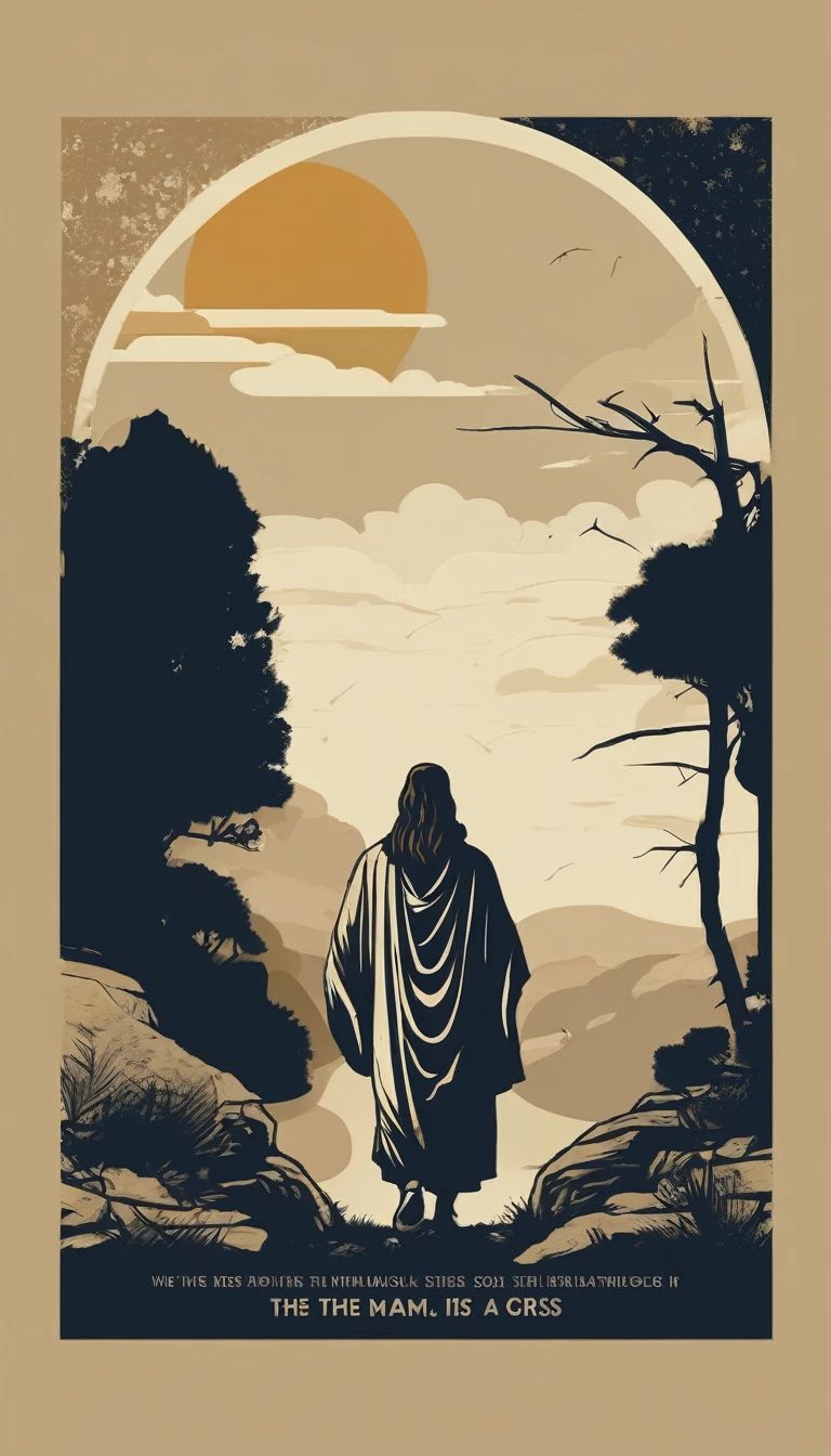 Create a modern, minimalist art design for a Christian t-shirt brand. Art should have a minimalist style and convey a sense of storytelling. Art must show a way, where one person talks to two others, they are on the move, walking and talking. The art is in reference to the bible, the passage of Emmaus, where Jesus breaks the bread and at that moment the disciples understand that the man was Jesus. Minimalist art design for t-shirt print.