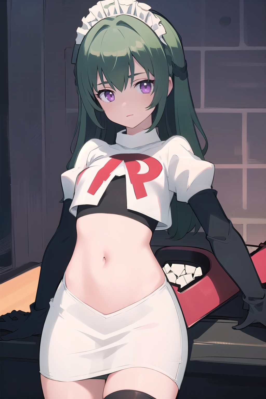 (best quality:1.3),(masterpiece:1.3),(illustration:1.3),(ultra-detailed:1.3),(imid shot:0.9),


1girl,solo,short neck,small breasts,



purple eyes,


twintails, maid headdress,green hair, team rocket,team rocket uniform,white skirt,red letter R,crop top,black thigh-highs,black elbow gloves