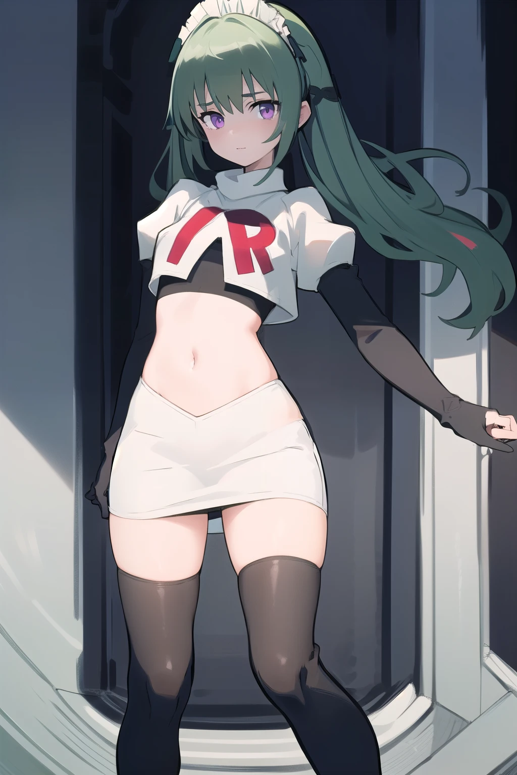 (best quality:1.3),(masterpiece:1.3),(illustration:1.3),(ultra-detailed:1.3),(imid shot:0.9),


1girl,solo,short neck,small breasts,



purple eyes,


twintails, maid headdress,green hair, team rocket,team rocket uniform,white skirt,red letter R,crop top,black thigh-highs,black elbow gloves