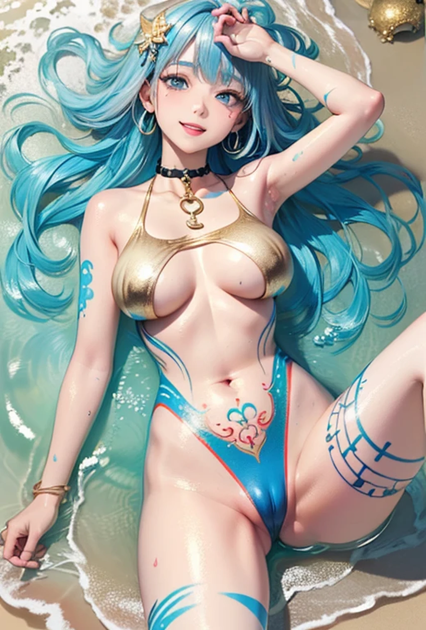 (Super detailed、Ultra-high resolution、8K masterpiece、Vibrant colors)、((Flat Color))、((Floating water))、summer、coastal、 Sandy Beach、A woman in a sexy swimsuit、(Top view）、(Gold chain body accessories)、Randomly open your legs、Random Sexy Poses、Sweaty、 ((body paint、Pop tattoo on thigh))、Big Breasts、 (Tight swimsuit、choker）、cameltoe、Beautiful hip line、Butt、nude、 (Shortcuts、Vermilion, blue, silver, golden hair、hair ornaments)、Beautiful blue eyes、Beautiful red lip、（smile）、 TWICE&#39;s Tzuyu&#39; on pause