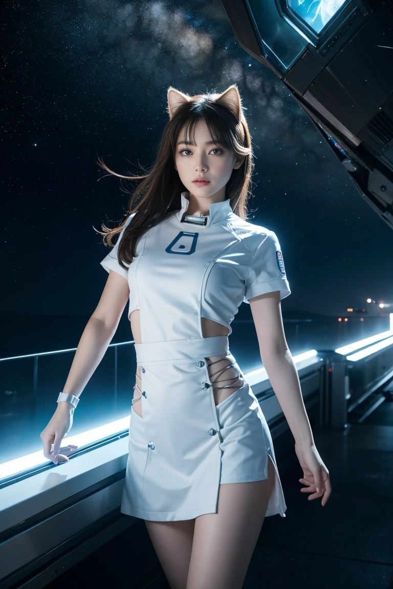 detailed eyes, full height, ​masterpiece, (((thin body))), (Viewers look at, 8k vector photography, very young girl, beautiful brown eyes, Realistic lighting, Detailed outfit, realistic facial features, Hyperdetail, short sleeves, Band on the head with fake cat ears of a highly detailed digital image of a massive futuristic white spaceship.) (short skirt), The ship has a robust industrial design with antennas, turrets and mechanical components protruding from its surface. The case is made mainly in bright white with blue luminous inserts, which gives it a menacing and powerful look. In the background, a dark space environment is depicted, against which celestial bodies are visible, which gives the scene depth and scale. The overall composition is dynamic, the main ship is positioned diagonally, which suggests movement and action.