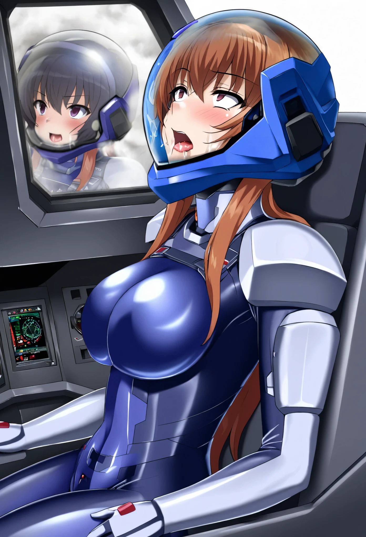 ((Female pilot in the cockpit of a reconnaissance plane), (airplane cockpit), (in flight), (10000 feet altitude)、(sky view):1.7),, short hair, street, emo, BLACK hair, white eyes, eyeliner, apocalypse, girl, nside the (cockpit:1.9) of a (futuristic spaceship:1.6), , blush,sitting on a chair, covered navel, space helmet, muvluv, space helm, plug suit , space helmet, eva helm, space suit, short hair, from side, blue bodysuit,ahegao, rolling eyes,saliva, drooling, WATER IN THE FACE, STRANGLING THE NECK, FOG,
