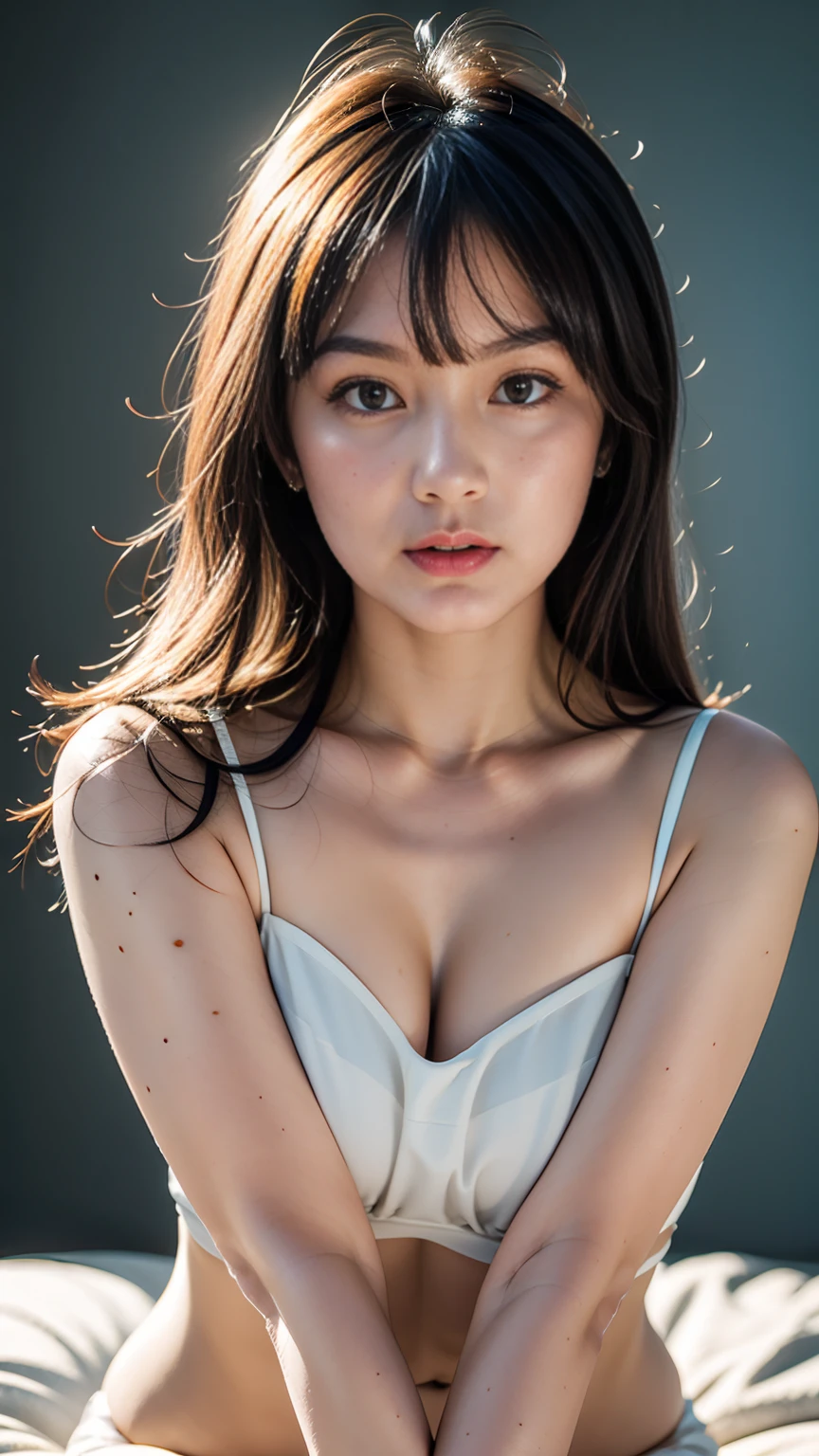19 years old girl, soft wave long blunt bangs black hair, well formed facial features, calm peaceful happy expression, sexy, sensual, glowing pale white skin, Ultra-realistic, High resolution UHD, masterpiece, Very beautiful facial details, Highest quality realistic skin texture, Symmetrical eyes, Fine eyelashes, Thinly trimmed eyebrows, starring at the viewers, Natural Makeup, chapped lips, A good brown eye for quality, Captured in exquisite detail and high resolution with Hasselblad X2D 100C with a 90mm f/2.5 lens, the image exudes a sense of purity and innocence, full body pose