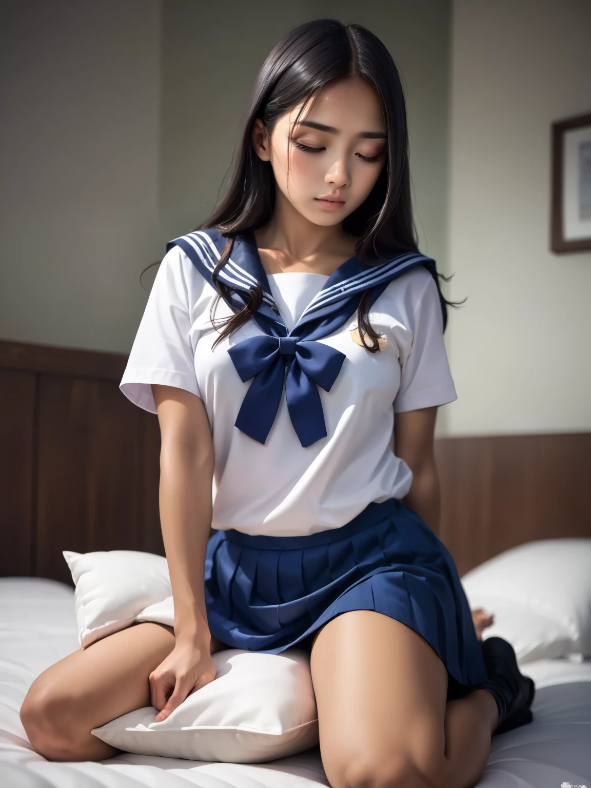 1girl,school girl wearing sailor uniform, MASTURBATING WITH pillow, on bed, pussy juice, side lying, hyper detailed, photorealistic, 8k, high quality, realistic, extremely detailed, intricate details, cinematic lighting, beautiful, erotic, sensual, intimate, delicate, soft, tender, glowing skin, natural lighting, warm tones