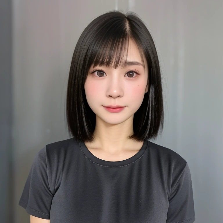 (kawaii 18 year-old Japanese girl, Nogizaka idol, Korean idol, highschool student), healthy female athlete body, (glossy black hair, short hair, pixie cut, bangs:1.3), (rounded face, beautiful black eyes, single eyelid, no makeup, embarrassed expression:1.2), (wearing tight fitted t-shirt:1.3), extra small breasts, BREAK, (plain gray background:1.2), (id photo, yearbook photo, facing straight at the camera, bust:1.2), BREAK, (masterpiece, best quality, photo realistic, official art:1.4), (UHD, 8K quality wallpaper, high resolution, raw photo, golden ratio:1.3), (shiny skin), professional lighting, physically based rendering, award winning, (highly detailed skin, extremely detailed face and eyes), Carl Zeiss 85 mm F/1.4, depth of field, 1girl, solo,