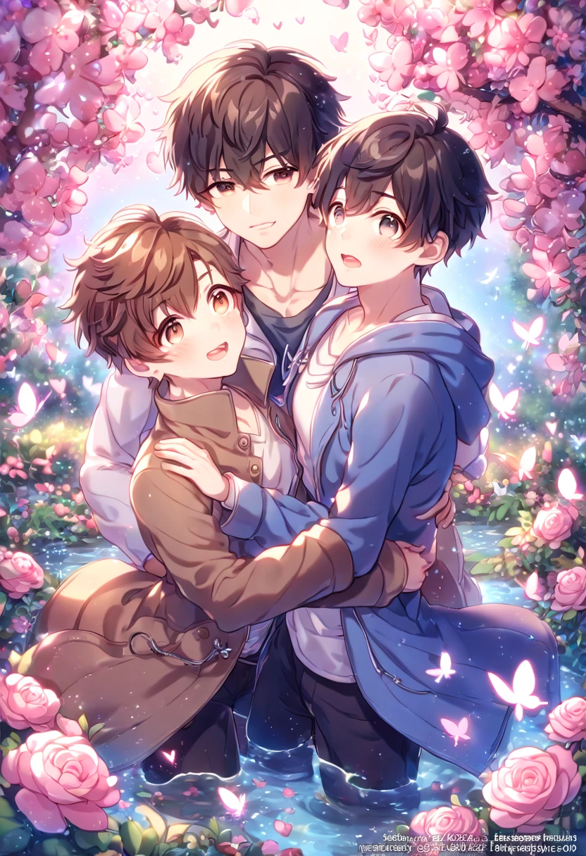 absurdres, highres, ultra detailed, HDR, master piece, best quality, extremely detailed face, delicated features, Zhang Qiling, black hair, expressive gray eyes, Toubohikki, Wu Xie, brown hair, expressive brown eyes, two sexy men together, yaoi, gay couple, handsome, blue hooded jacket, brown coat, fantasy, magical, pink butterflies, spring, pink leaves, pink flowers, water, garden