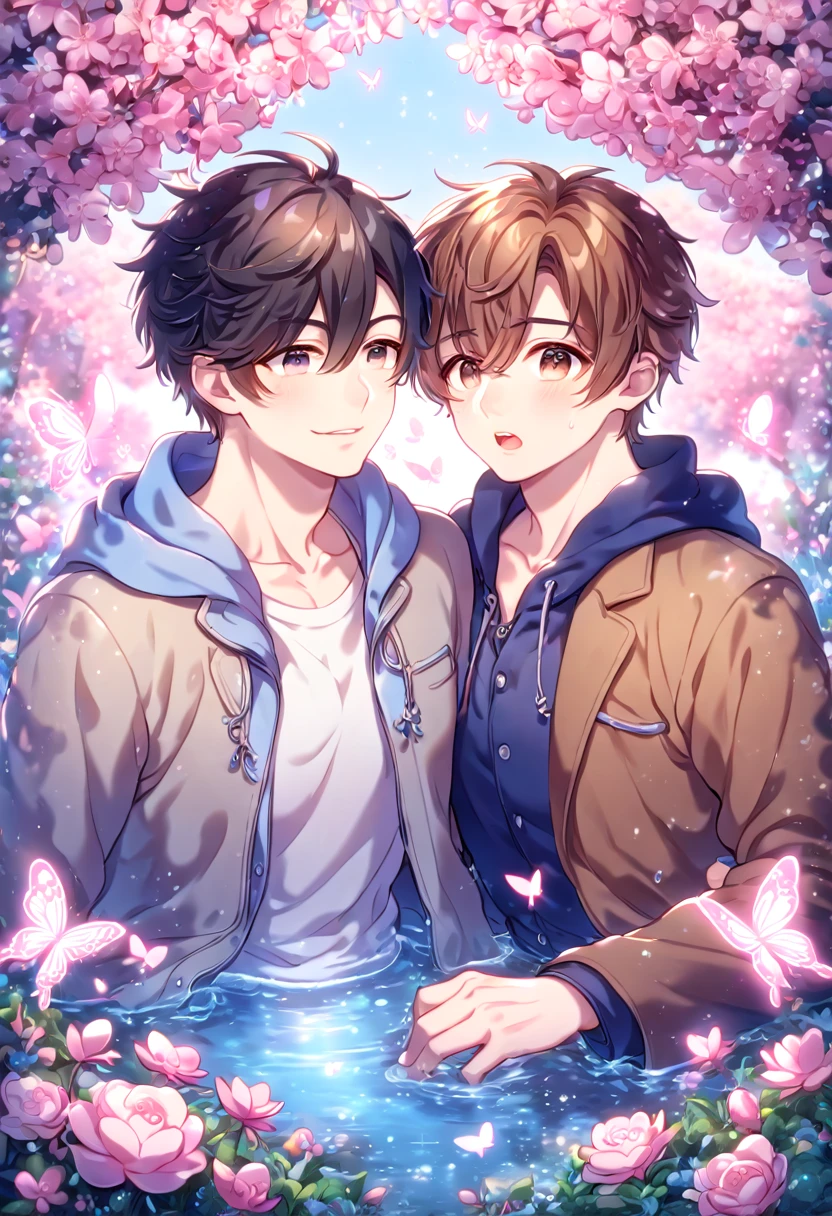 absurdres, highres, ultra detailed, HDR, master piece, best quality, extremely detailed face, delicated features, Zhang Qiling, black hair, expressive gray eyes, Toubohikki, Wu Xie, brown hair, expressive brown eyes, two sexy men together, yaoi, gay couple, handsome, blue hooded jacket, brown coat, fantasy, magical, pink butterflies, spring, pink leaves, pink flowers, water, garden