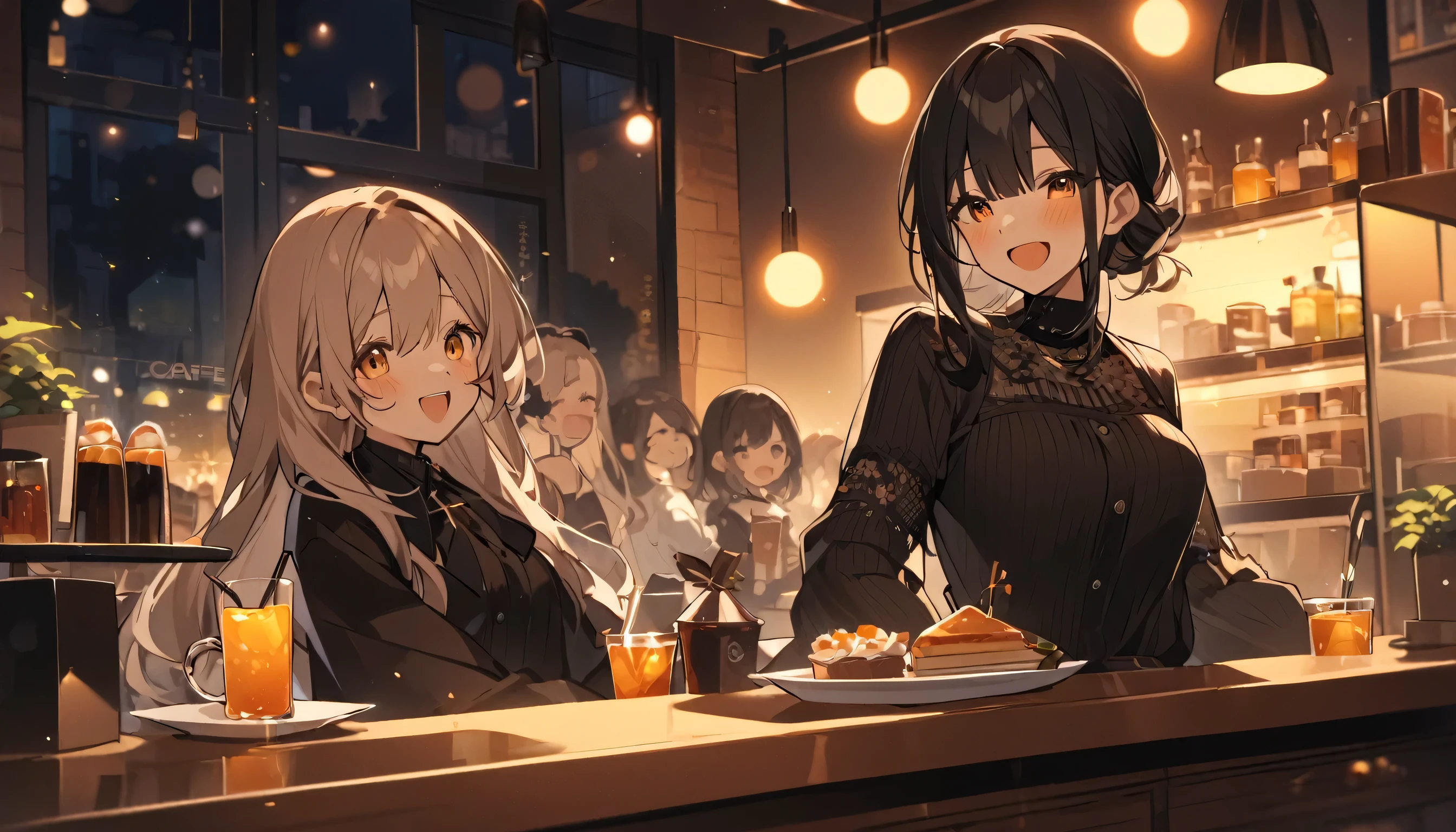 ((woman)), people々, Happy, High resolution, High resolution, 4K,Cafe Night,5peopleの,indoor,Drink,pixiv